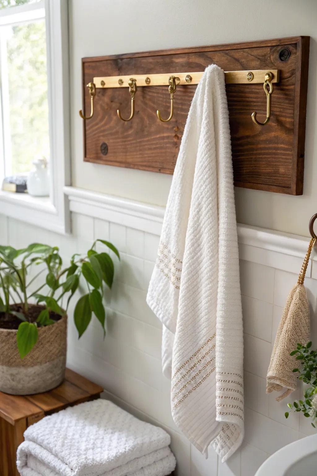 Stained wood backer with brass hooks: a chic spot for hand towels and a wall-saving win.