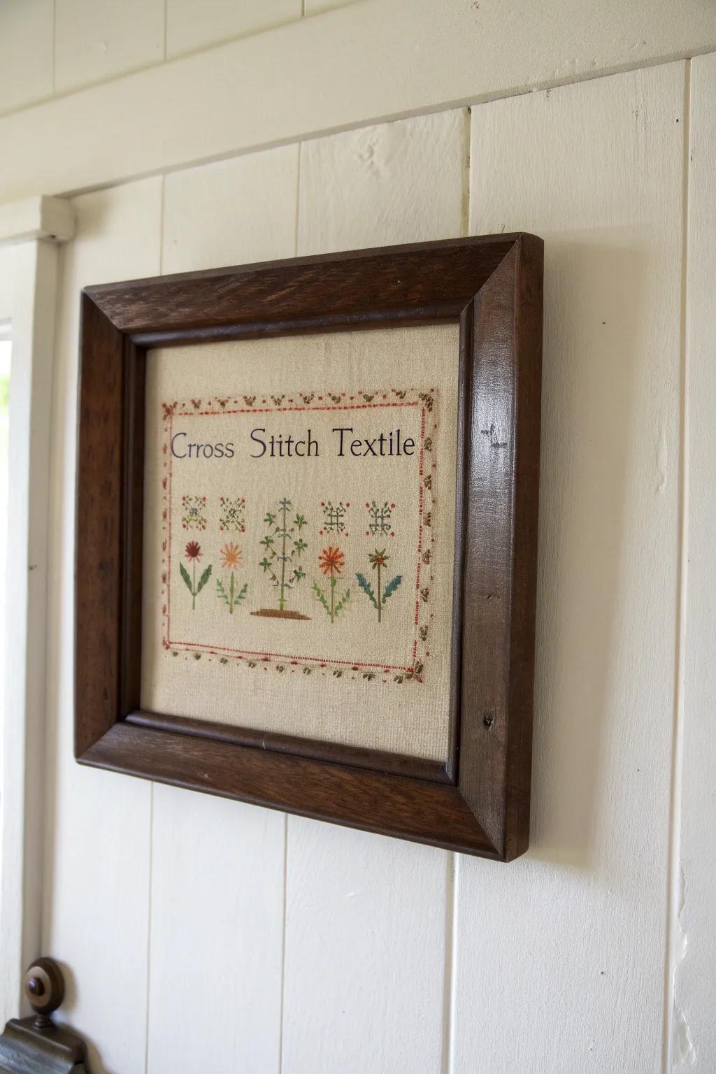 Tea-stained sampler in a chunky dark-wood frame—simple, homespun charm for any wall.