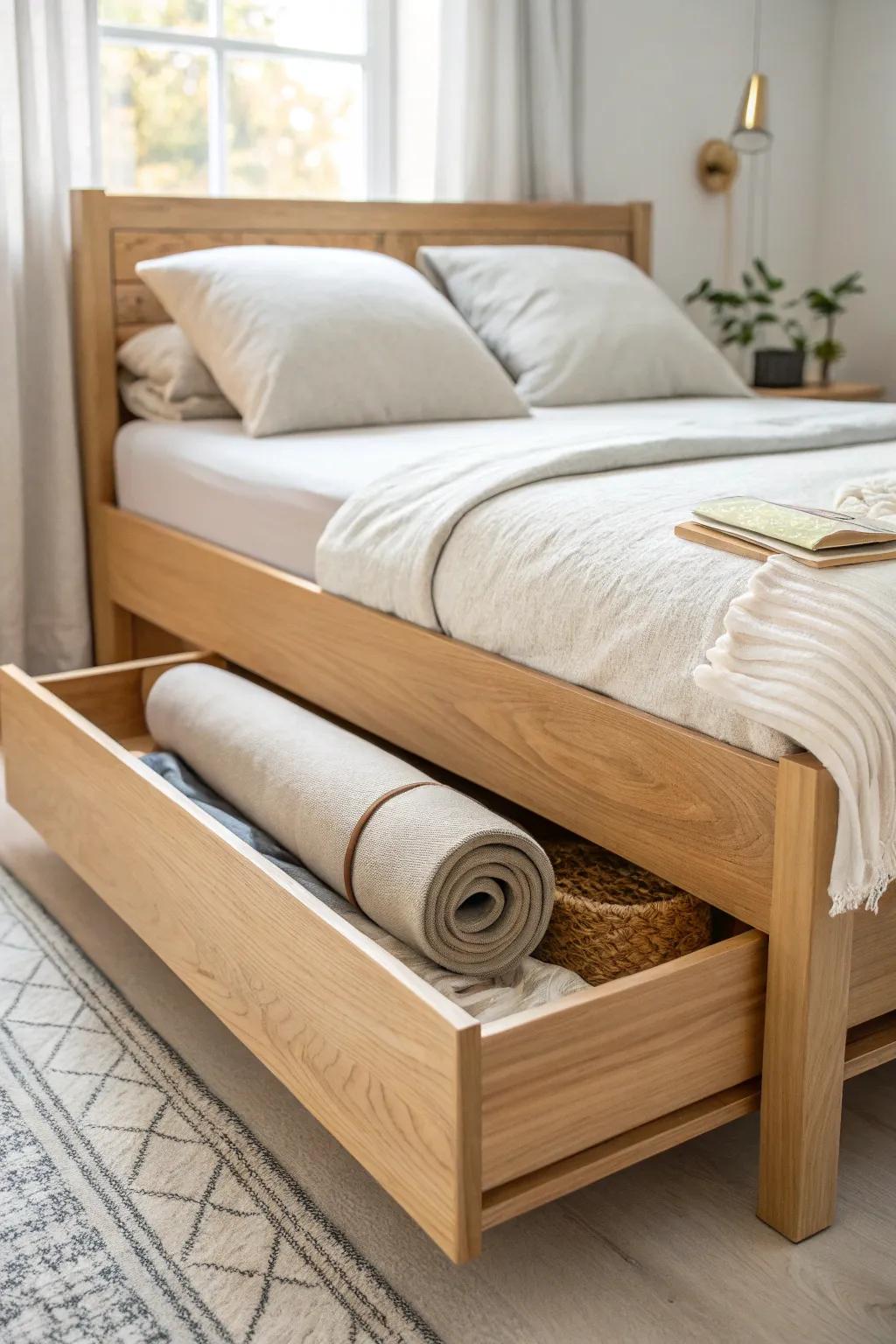 Flip-top side rail storage keeps yoga mats and gift wrap hidden in a sleek queen bed frame.