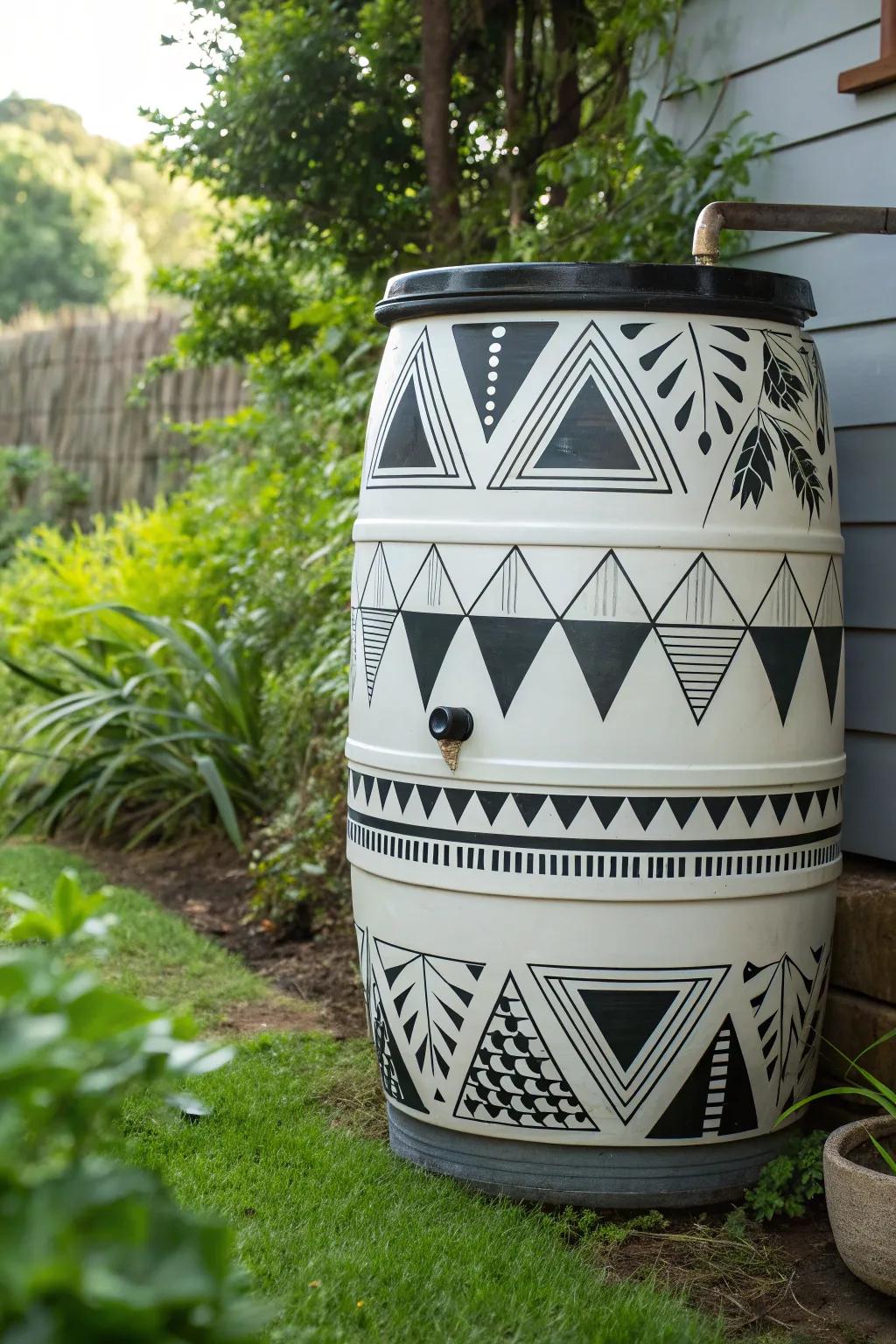 Transform your garden with chic geometric rain barrel art that blends modern design and natural beauty.