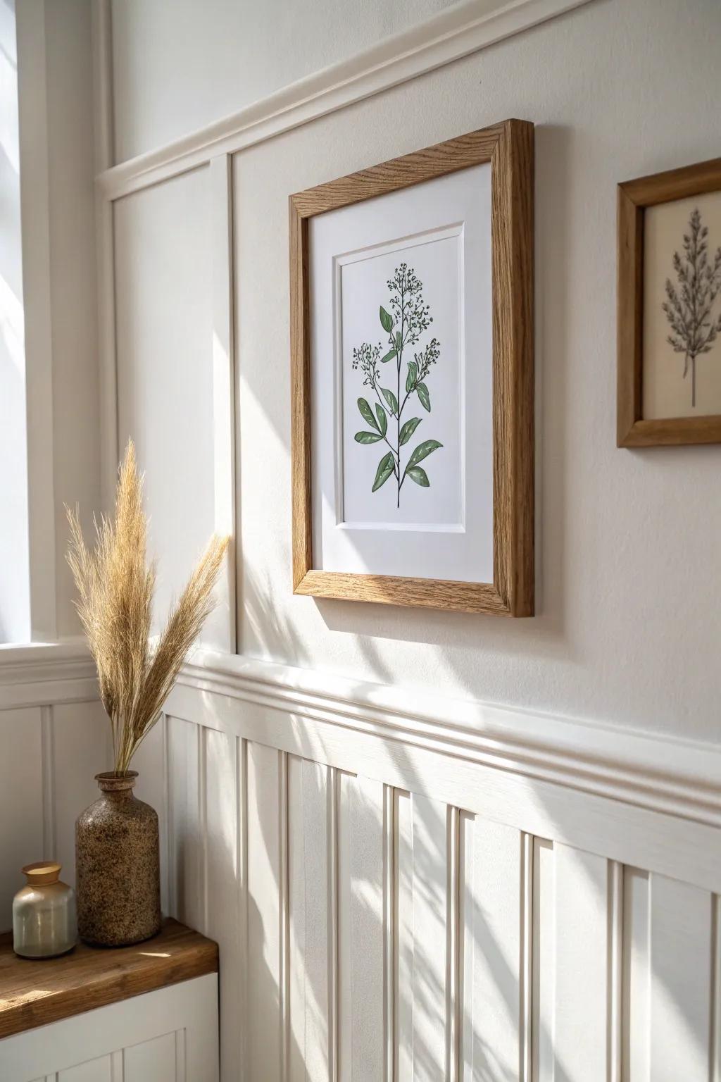 Center art within raised panels for a built-in gallery look—simple, thrifted, and intentional.