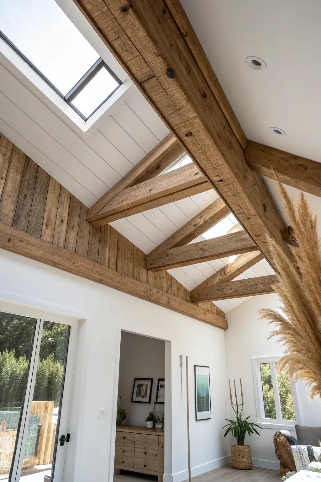 Vault your ranch ceiling with warm reclaimed wood beams for an airy, handcrafted glow.