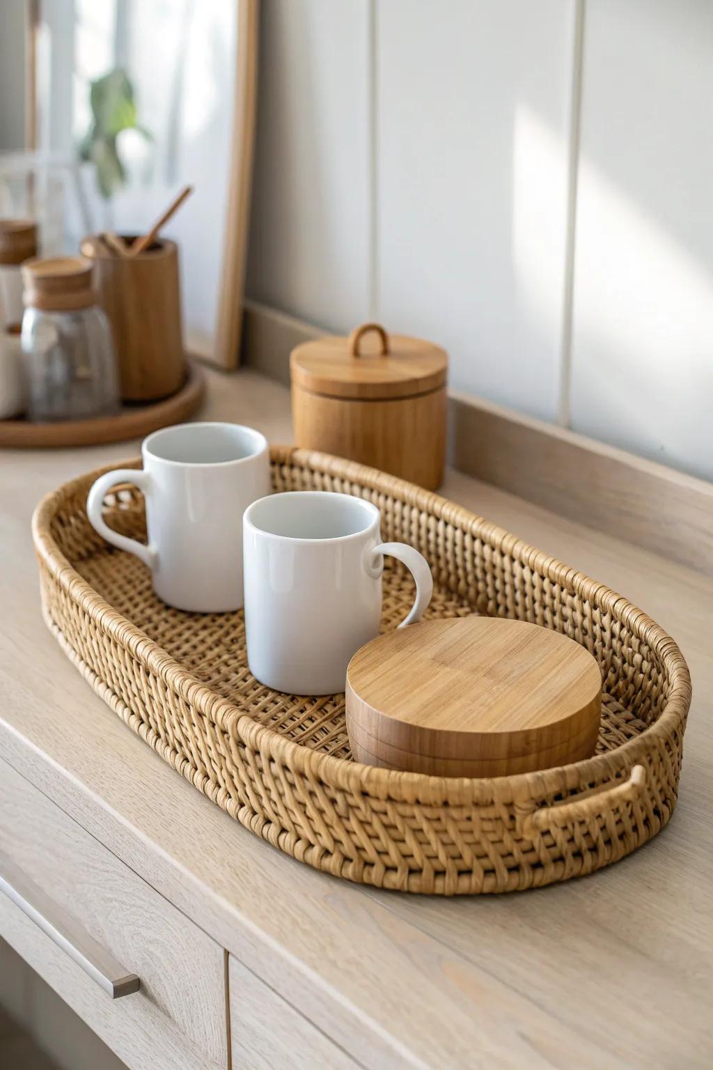 A rattan tray turns a coffee corner into a calm, styled station—pretty, practical, and tidy.