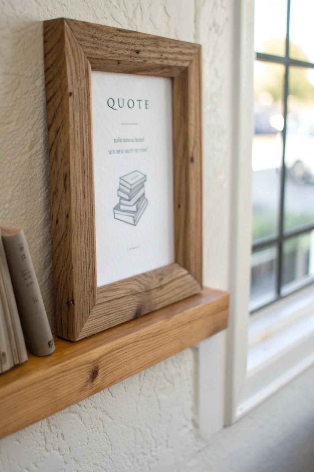 Reclaimed wood frame + a simple reading quote create a cozy, curated classroom library wall.