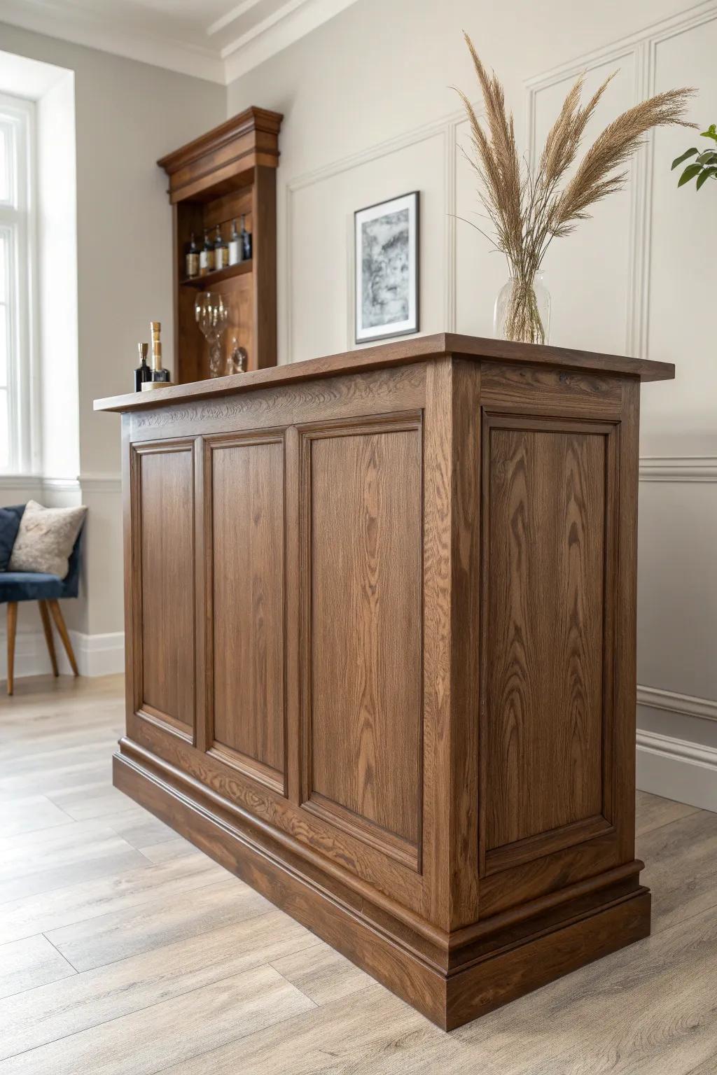 Classic pub charm: a dark-stained raised-panel bar front with crisp, handcrafted detail.