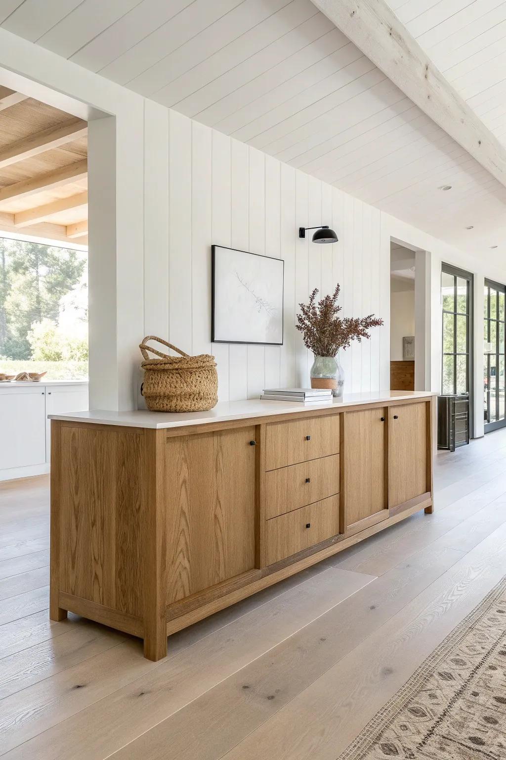 Low reclaimed-wood credenza behind reception—hide essentials while keeping the entry calm.