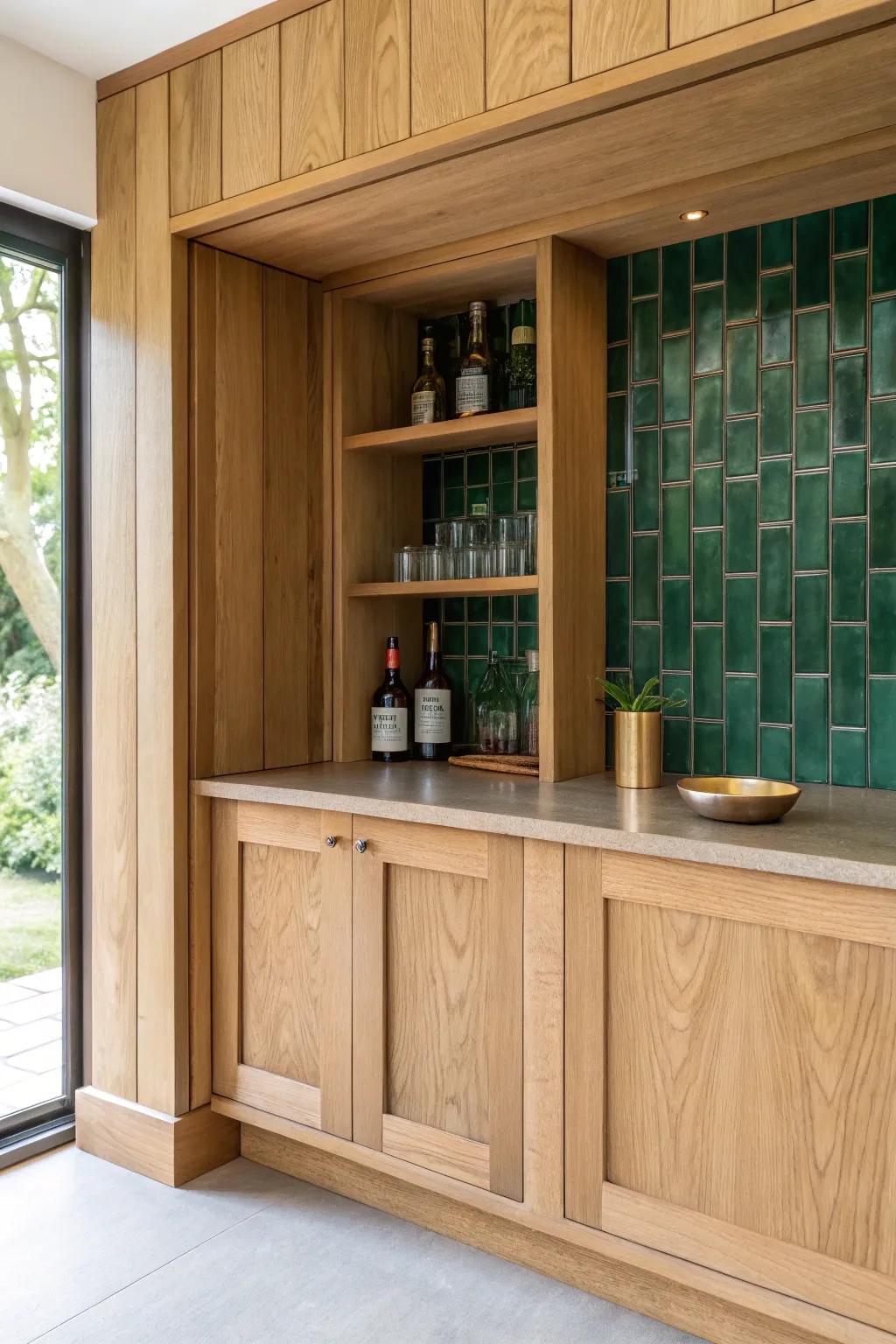 A contrasting tile backsplash turns a recessed bar niche into a standout mini “room.”