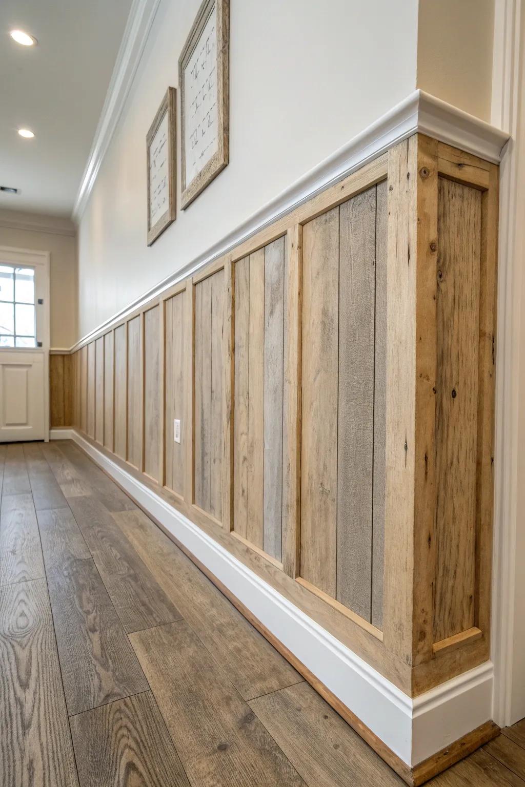Reclaimed wood wainscoting adds instant depth—texture below, calm neutral paint above.