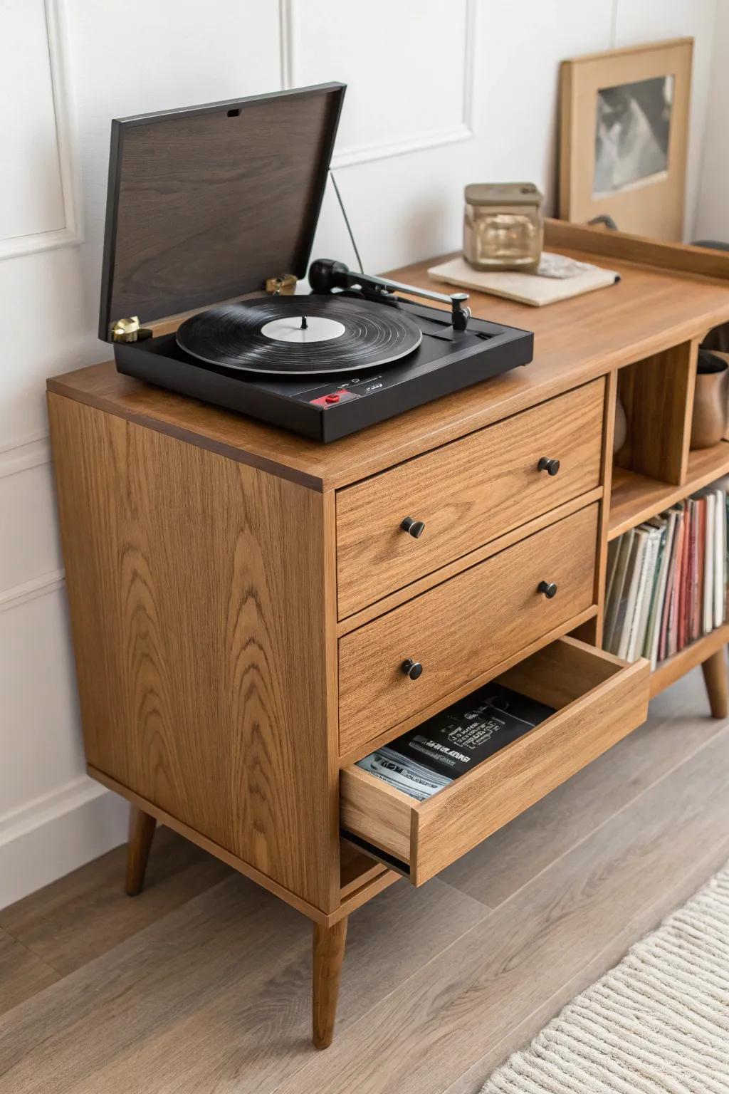 Vintage dresser turned turntable stand—clean cord pass-throughs and smart vinyl storage.