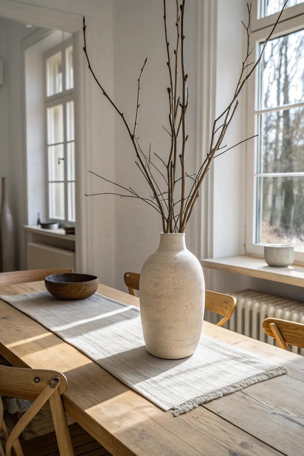 A chunky rustic jug with tall branches—simple, sculptural centerpiece for a rectangular table.