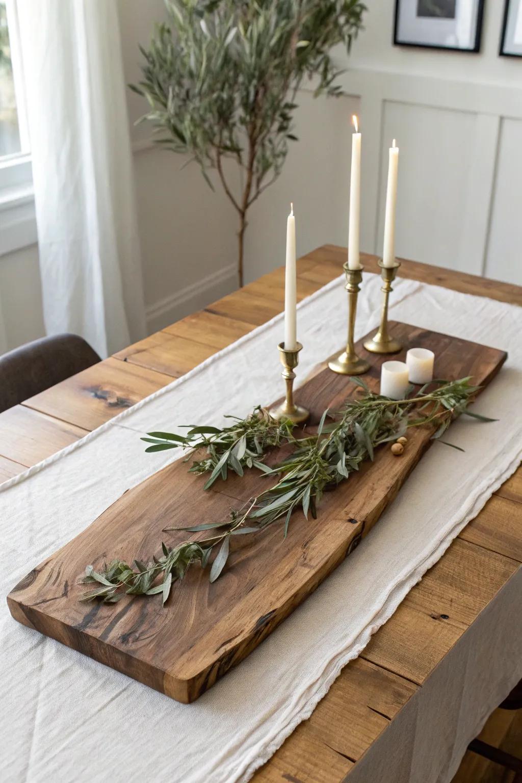 Raw wood board + seasonal branches and candles—an effortless runner for a rectangle table.