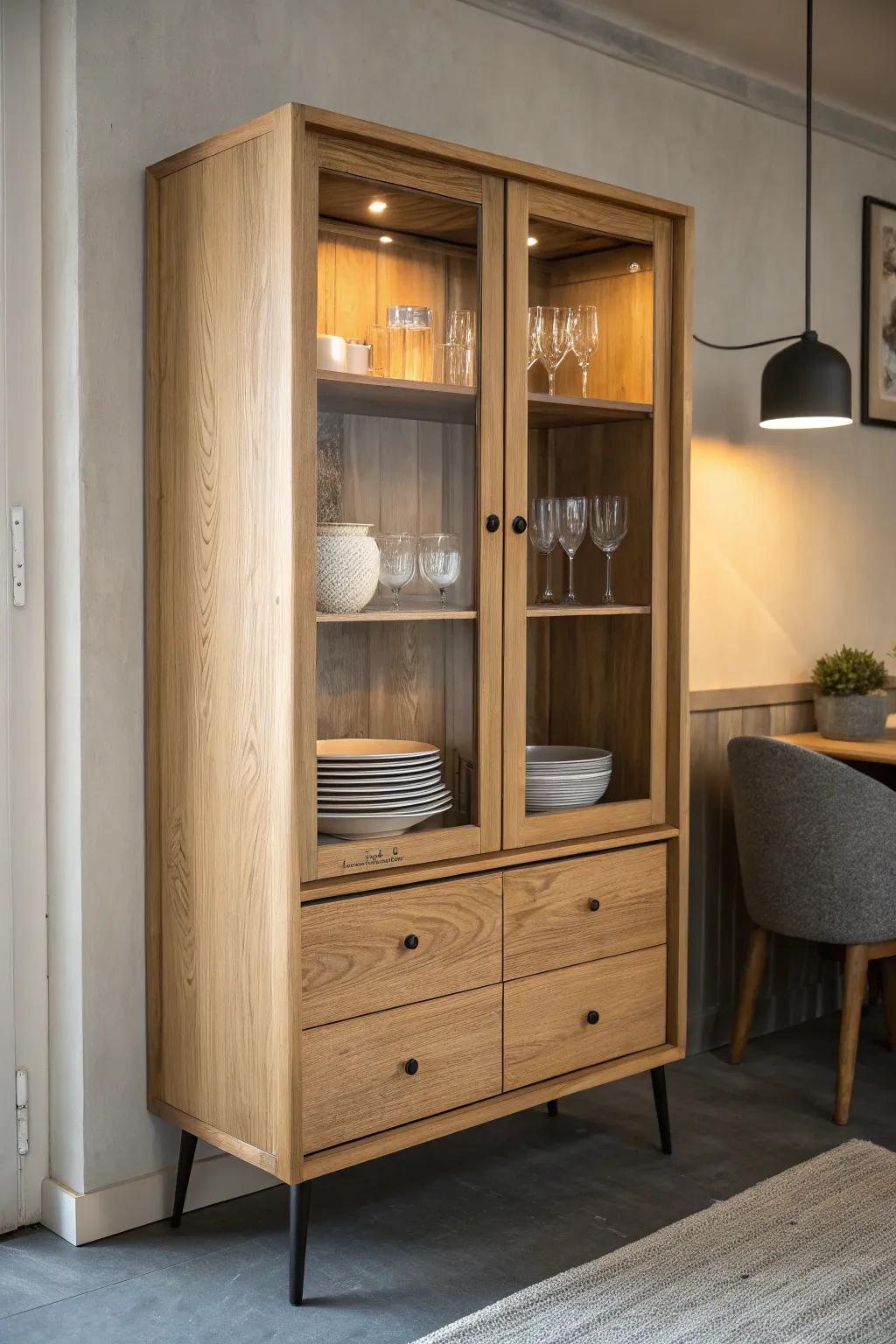 Hidden warm lighting turns a simple china cabinet redo into a custom, night-ready glow.