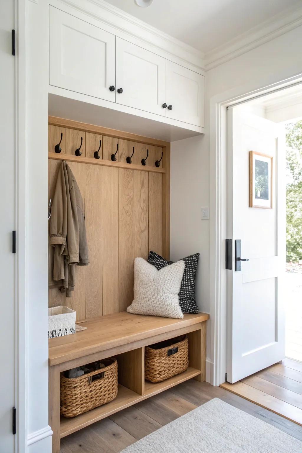 Remove closet doors and add a plywood bench + hooks for a bright, simple mudroom nook.