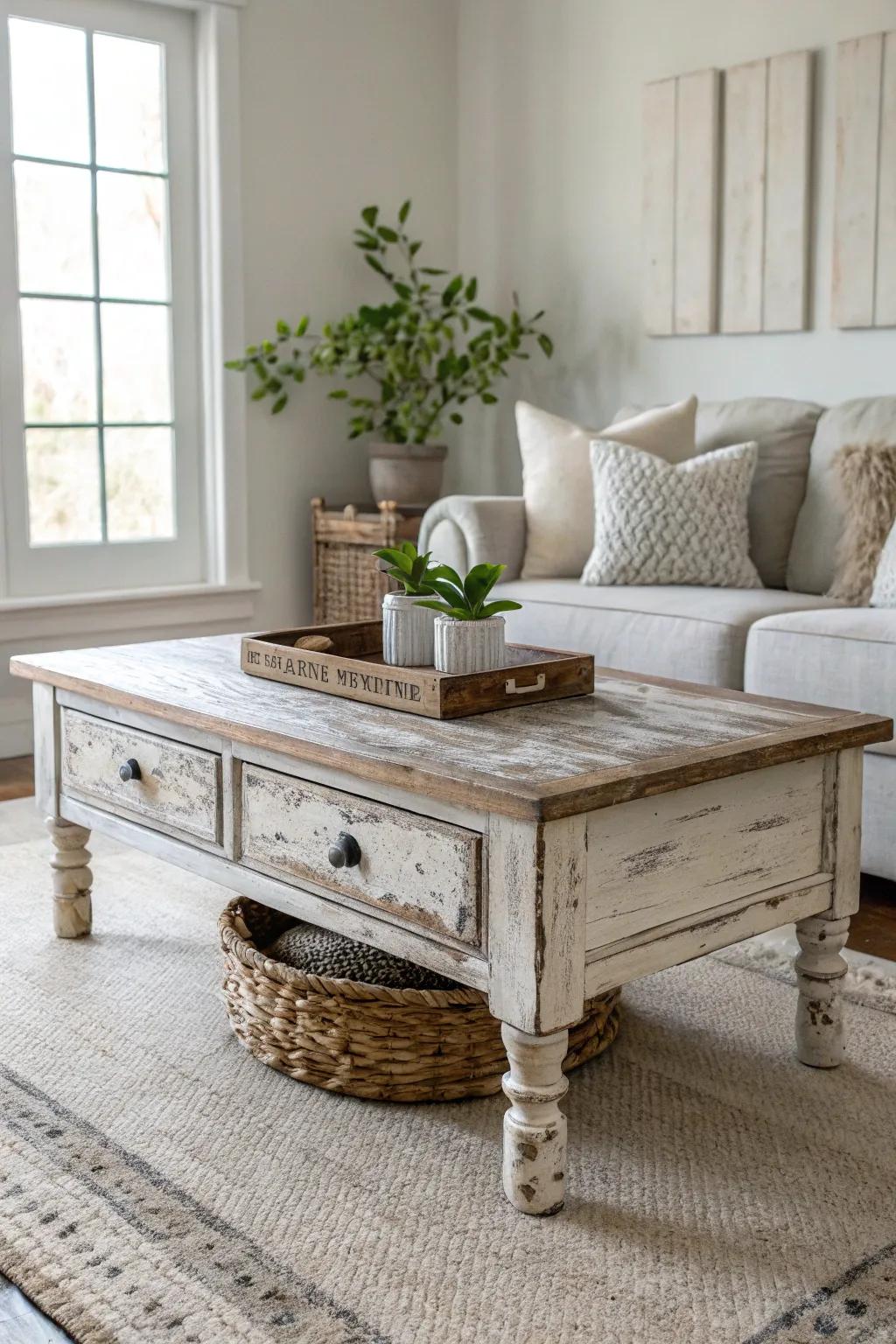 Transform your space with a one-of-a-kind coffee table that tells a story. #RepurposedElegance #ScandiBohoCharm