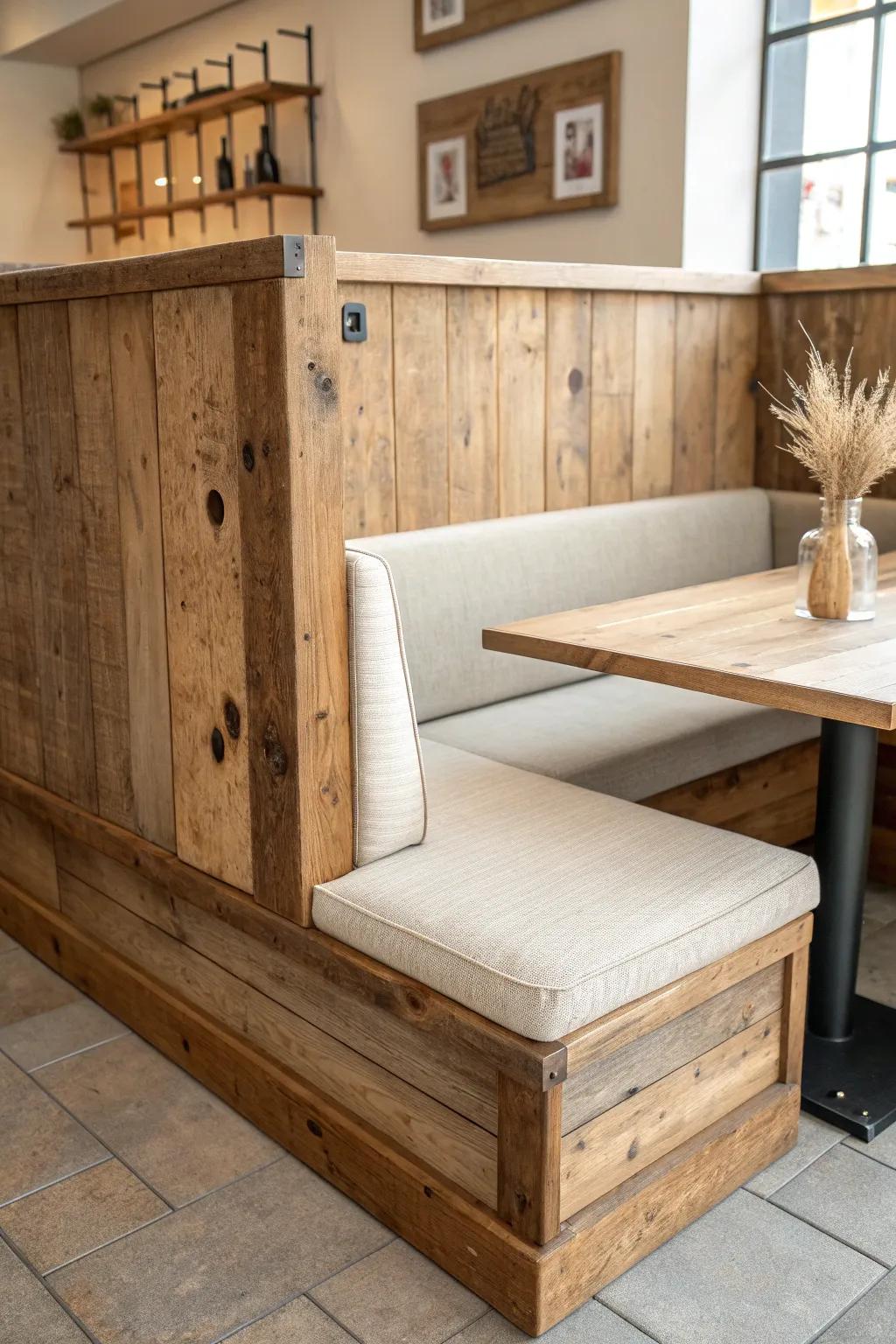 Rustic reclaimed-wood booth frame—sealed matte for durability, rich grain, and cozy character.