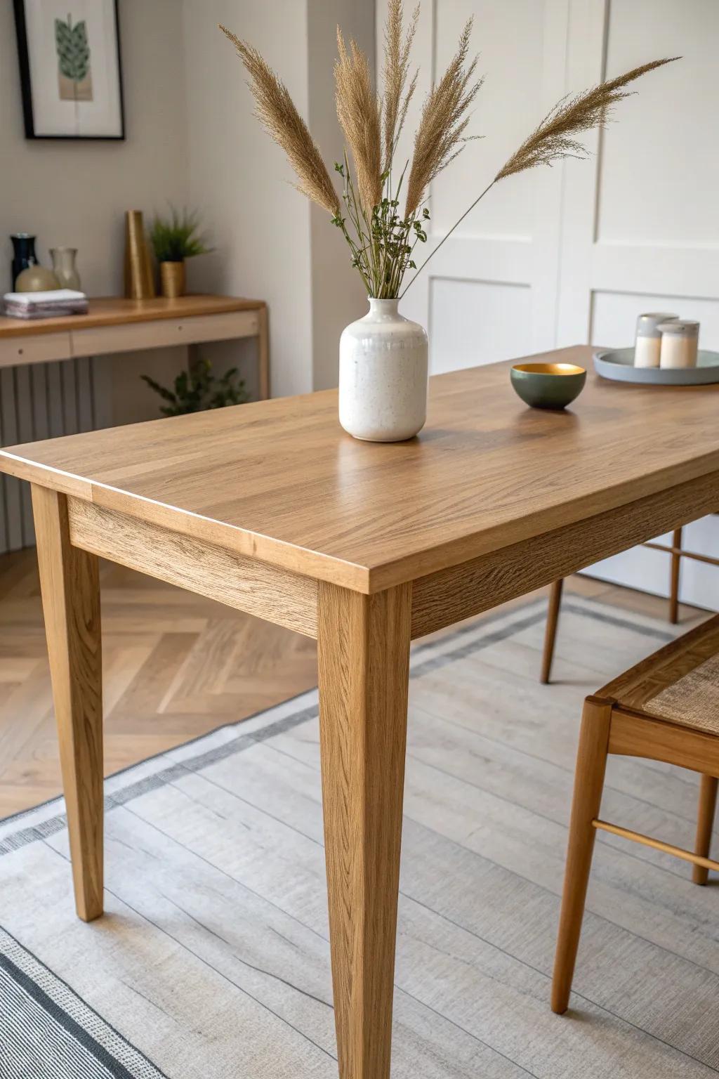 Counter-height oak table with a brass foot rail—casual comfort with artisan-made simplicity.