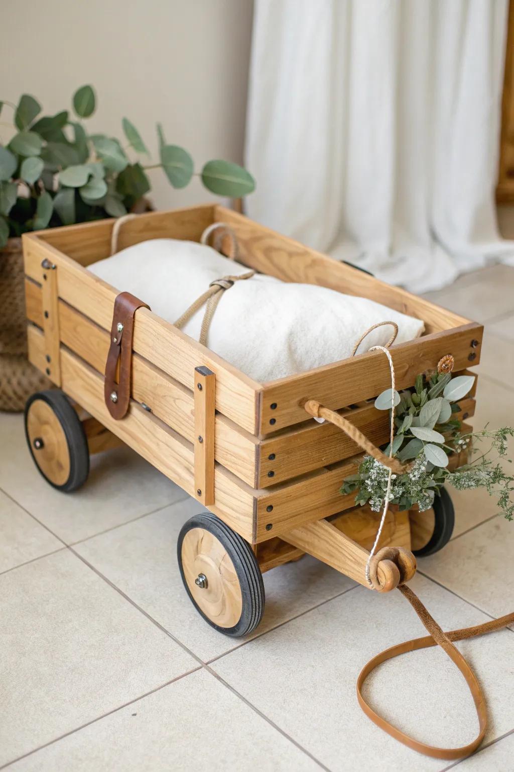 Wood crate wagon upgrade: a sturdy, vintage-stacked ring bearer basket with smooth edges.