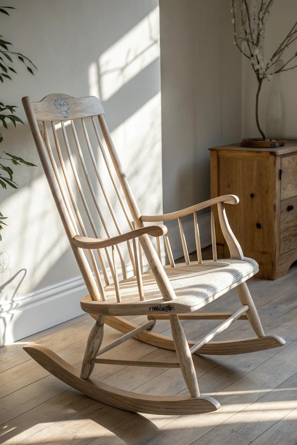 Farmhouse whitewash keeps the rocking chair light and airy while letting the grain shine.