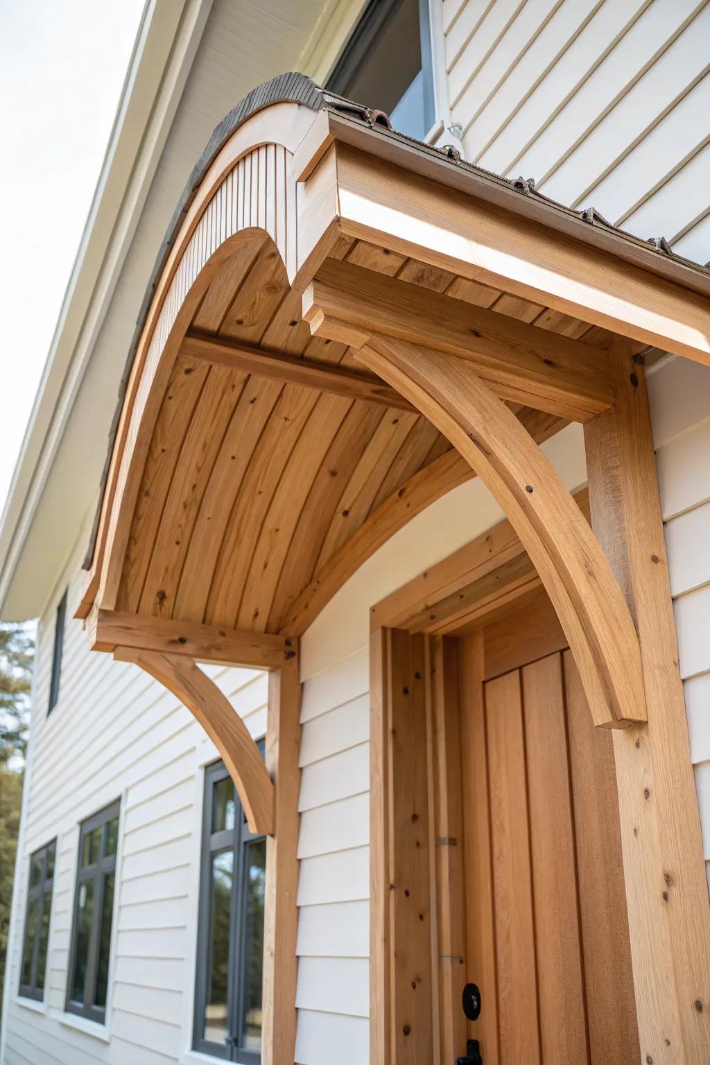 A simple gable canopy, elevated by a laminated arched underside—soft curves, high-end craft.