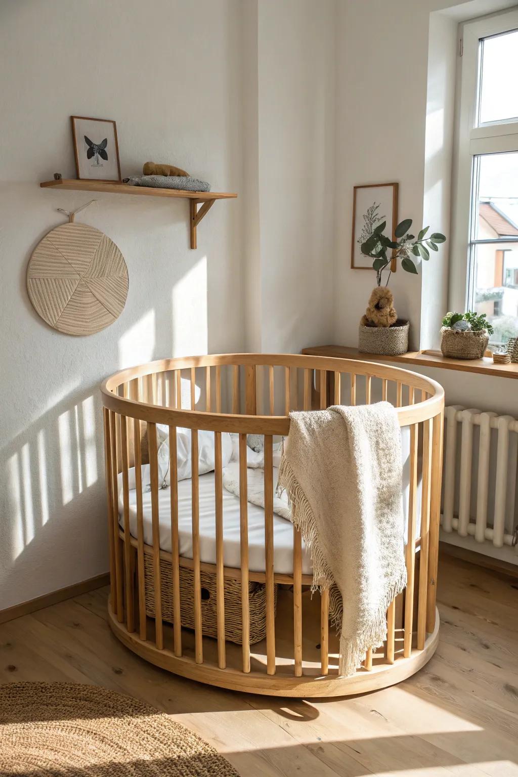 A round oak crib nestled into a nook—space-saving, soft curves, and calm Scandinavian warmth.