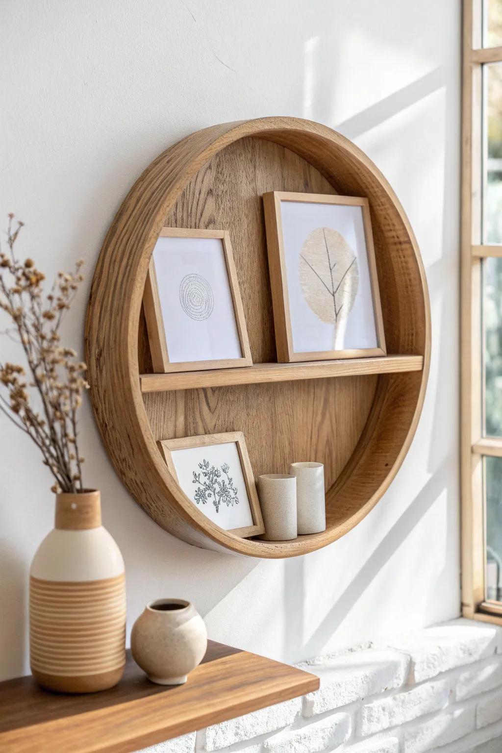 Mini gallery styling inside a round shelf: two tiny frames + one simple vase, perfectly balanced.