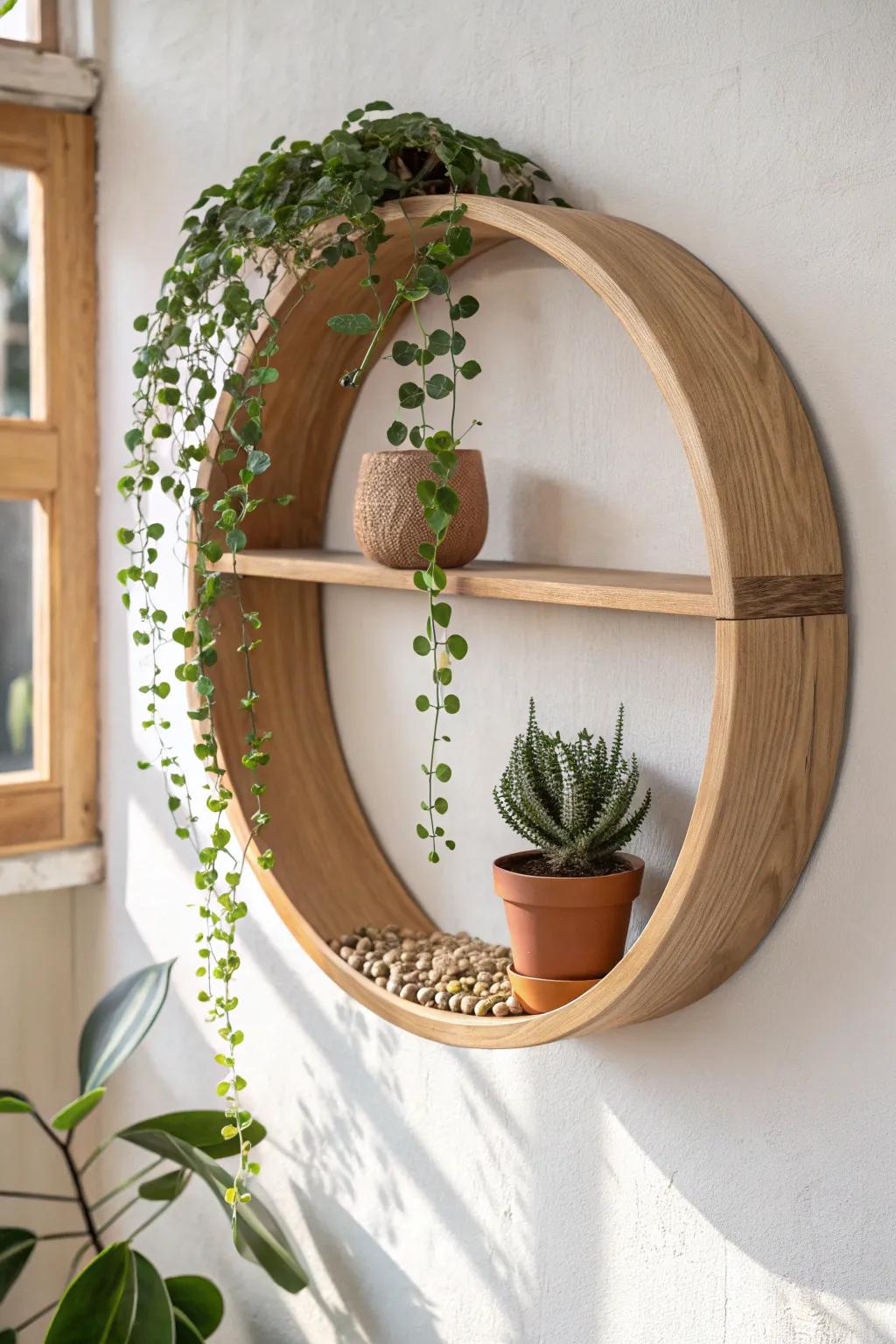 Round oak wall shelf with a built-in plant ledge—minimal, warm, and perfectly draped in green.