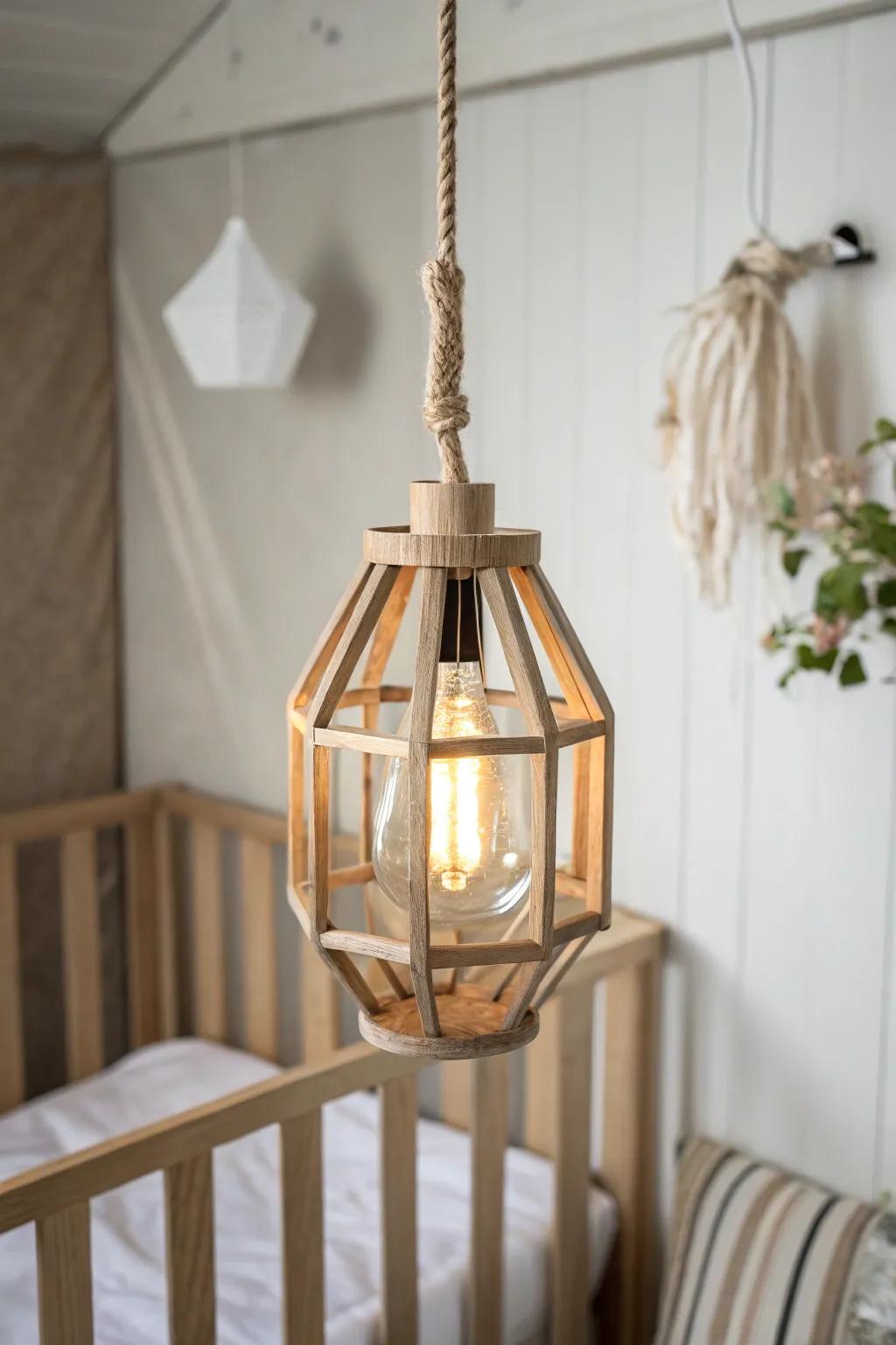 A warm, dim lantern pendant in pale oak—perfect rustic glow for late-night nursery feeds.