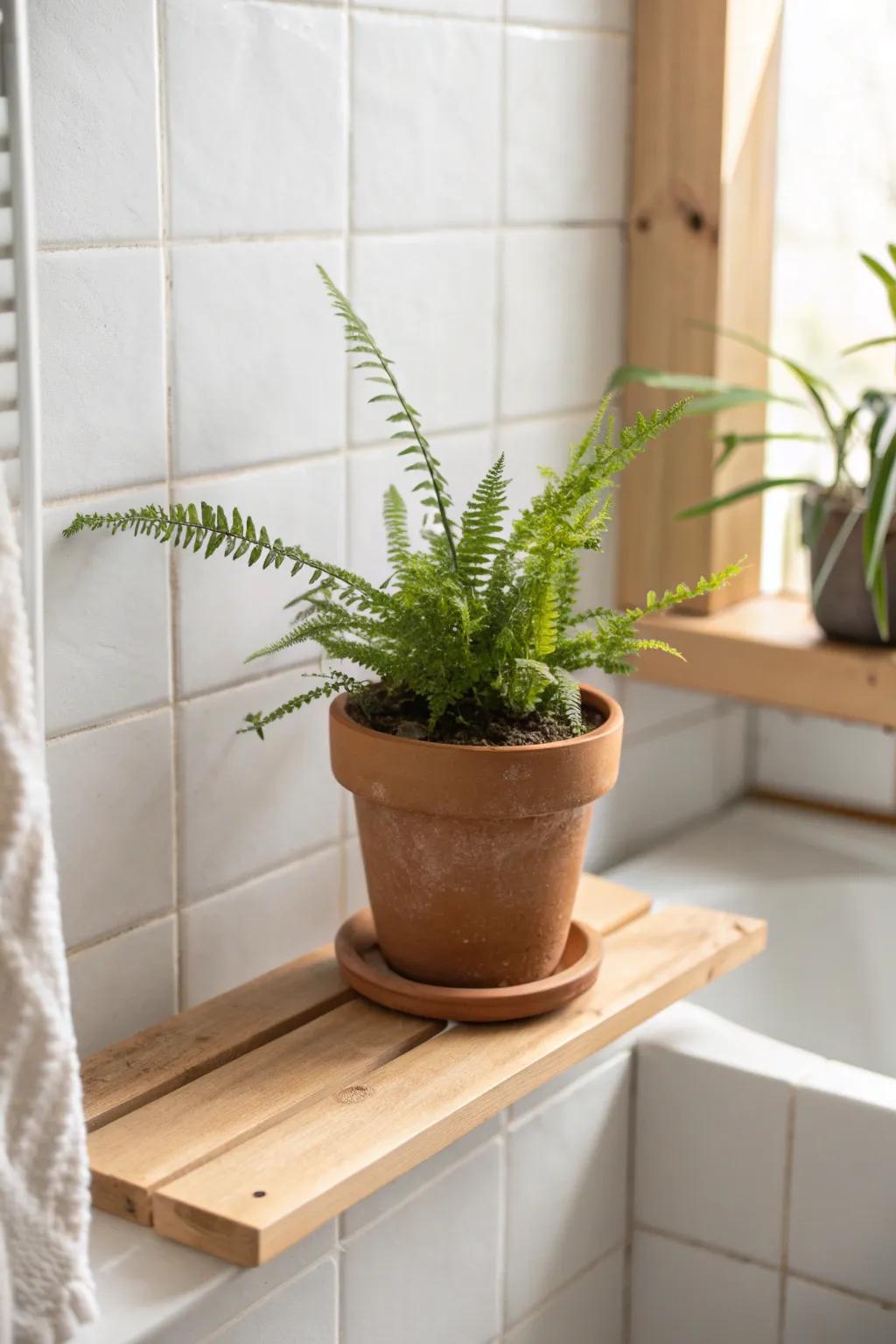 A simple terra-cotta pot of greenery adds fresh, rustic warmth to a minimalist bathroom.
