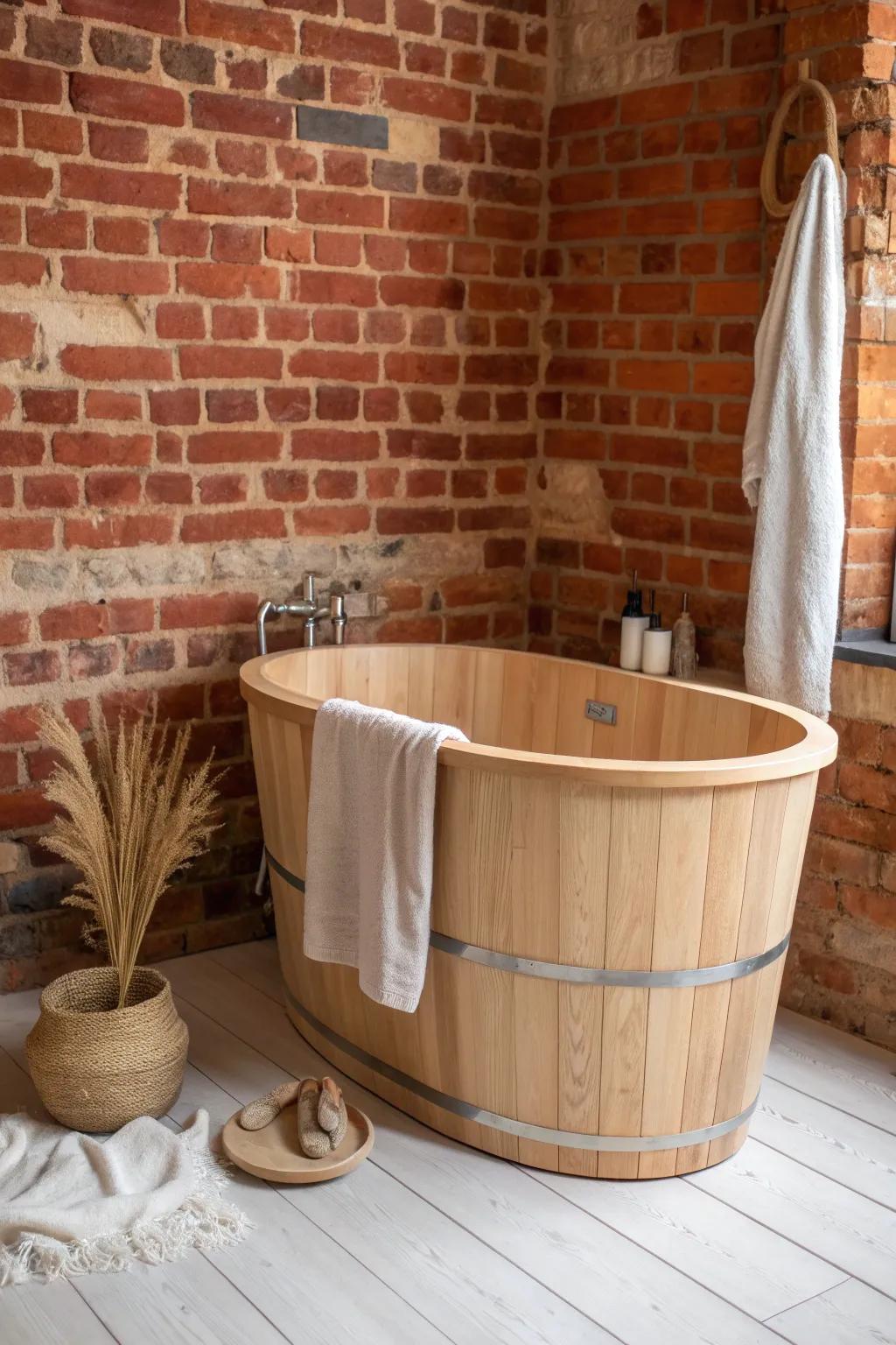 Rustic warmth meets calm craft: a wooden tub framed by sealed exposed brick.
