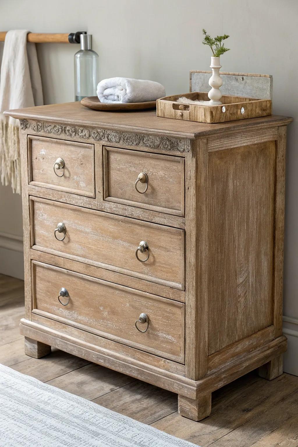 A distressed dresser with “yours & mine” trays—rustic charm that keeps mornings smooth.