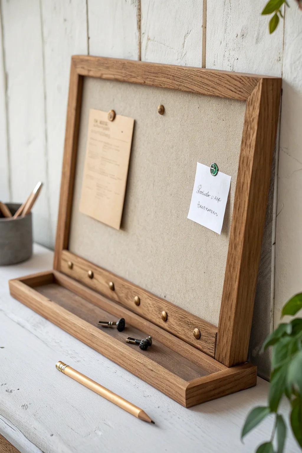 A rustic bulletin board with a slim wood ledge—built-in style for clips, notes, and pens.