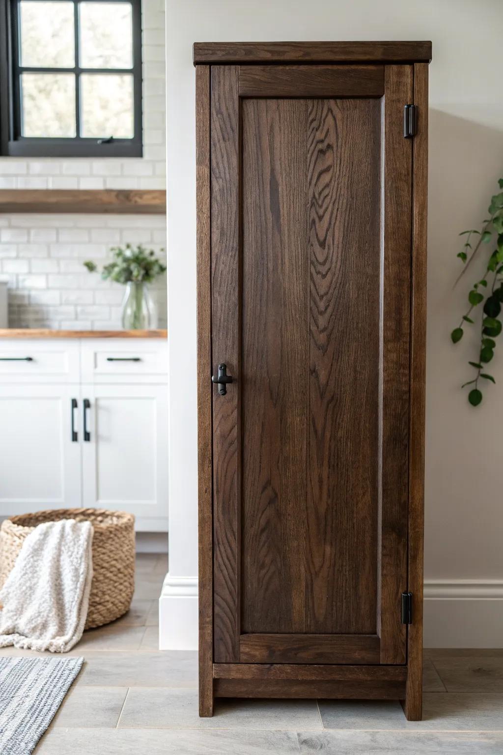 Deep rubbed stain on a rustic slab door—minimal, warm, and timeless with visible grain.