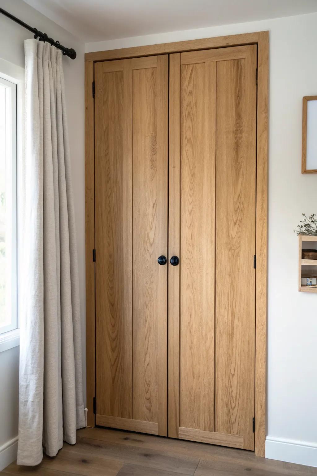 Rustic bi-fold makeover: slim wood planks + a matte black knob for an instant custom look.