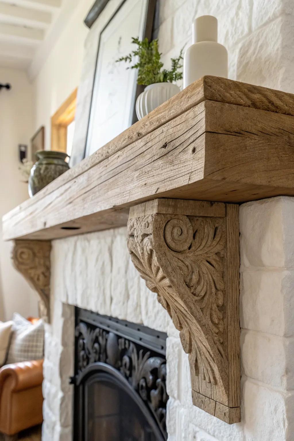 Rough-hewn timber mantel with hand-carved corbels—an heirloom touch for a cozy corner hearth.