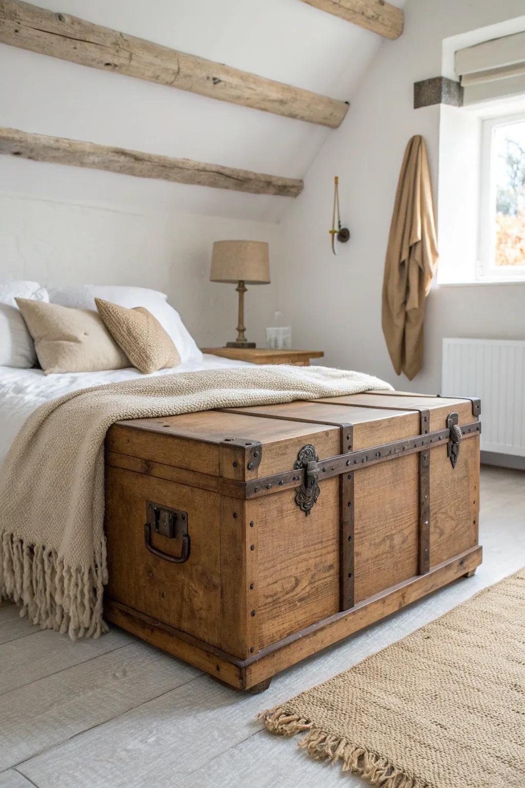 A vintage wooden trunk at the bed’s foot adds rustic charm and hides extra blankets.