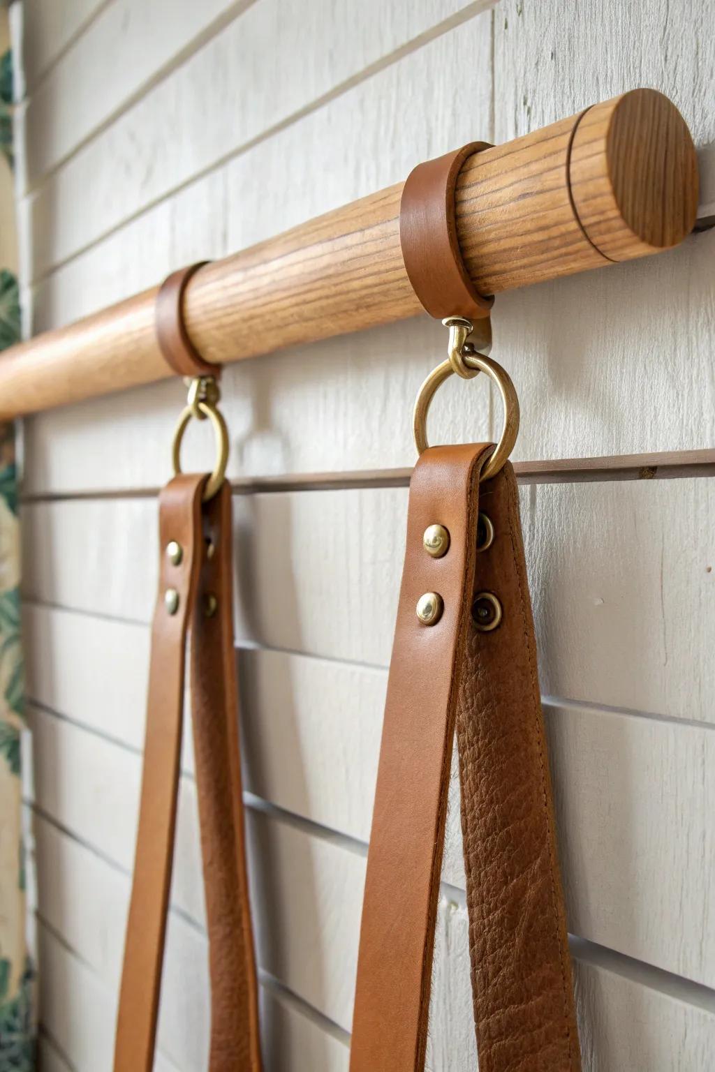 Rustic meets modern: a walnut rod held by leather straps for an easy DIY statement.