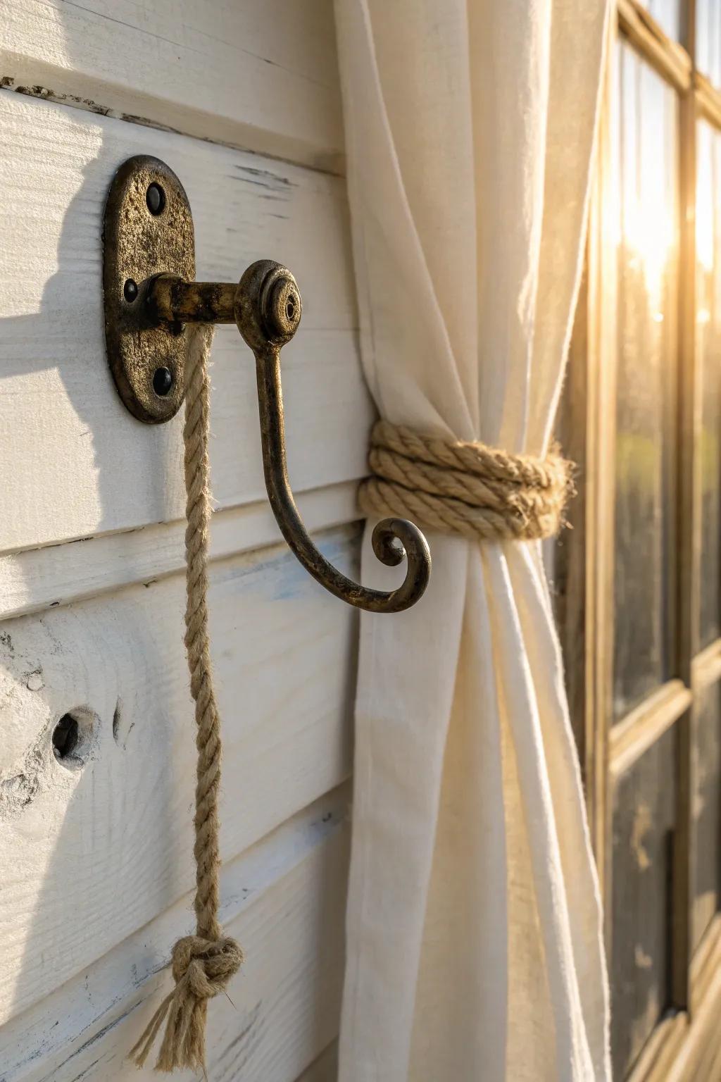 Vintage drawer pull + jute rope loop: a rustic, charming curtain tie-back with timeless patina.