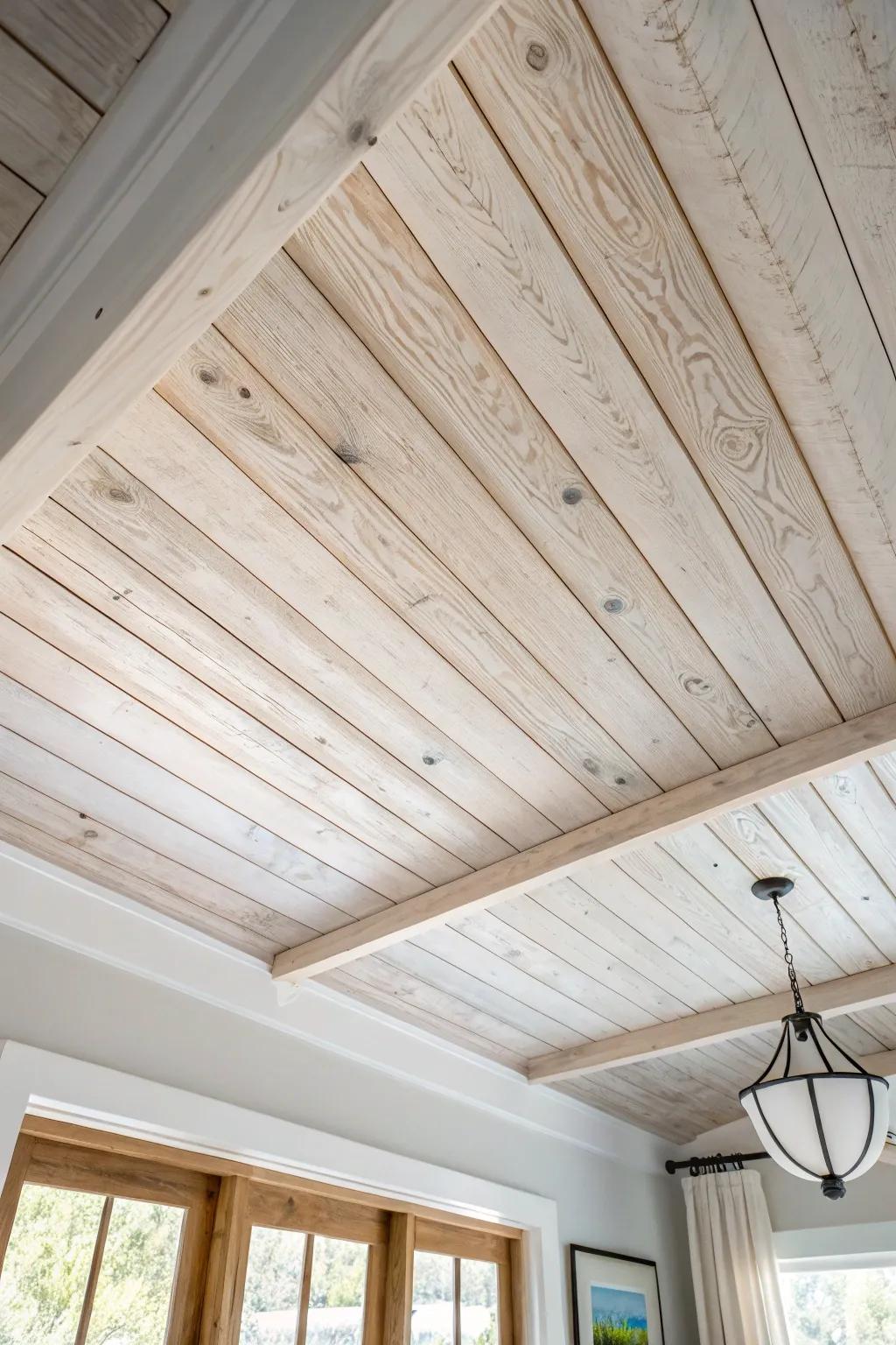 Whitewashed wood planks overhead add instant warmth and cozy, rustic den character.