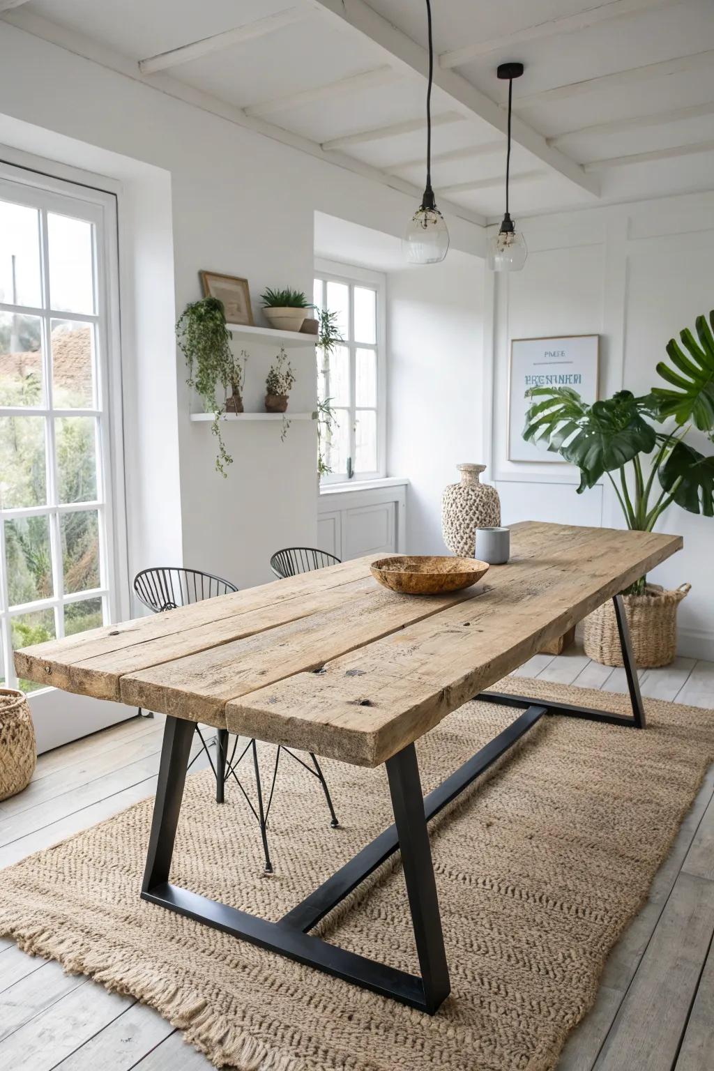 Scaffold-board charm: thick reclaimed planks, paint flecks, and a story in every grain.