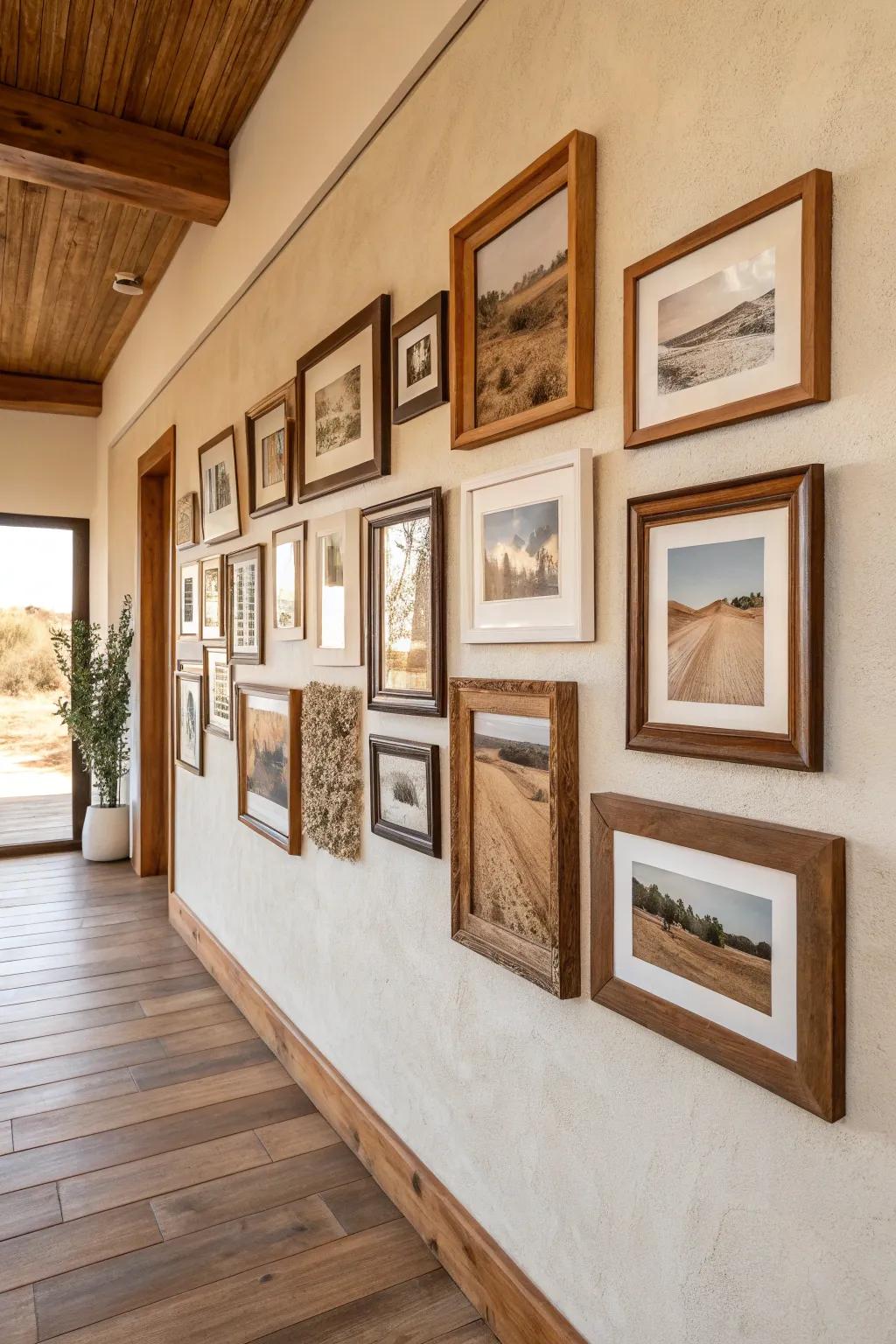 Warm brown mismatched wood frames create a soft, rustic gallery wall for an earthy living room.