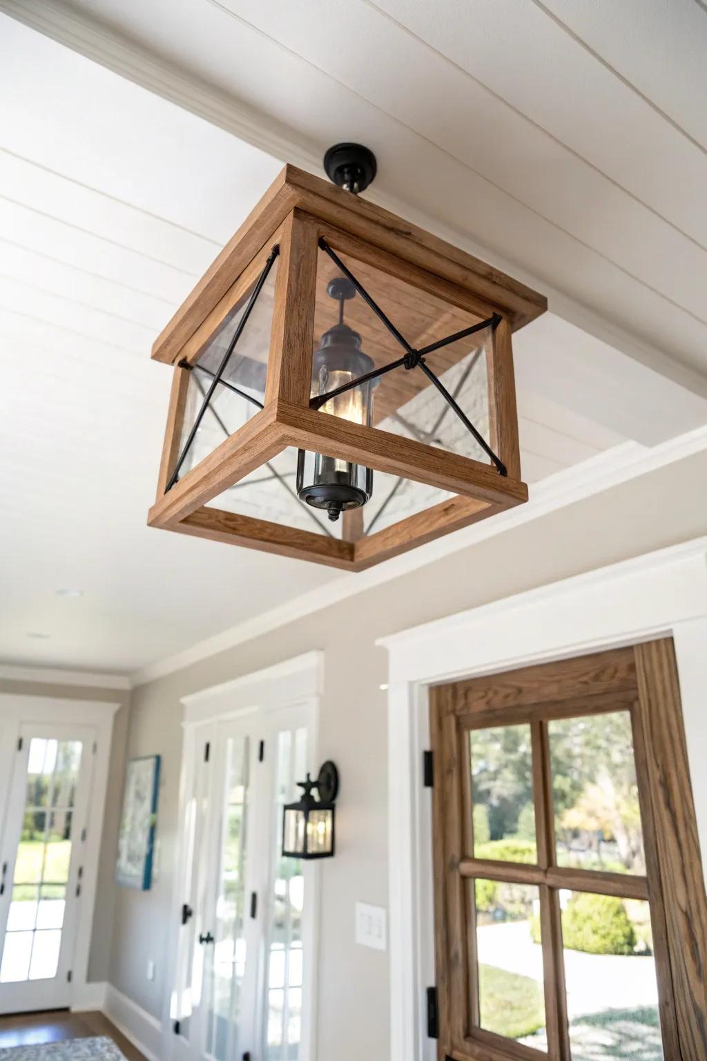 Rustic crossbeam flush mount with clear glass—airy lantern vibes for a cozy entryway.