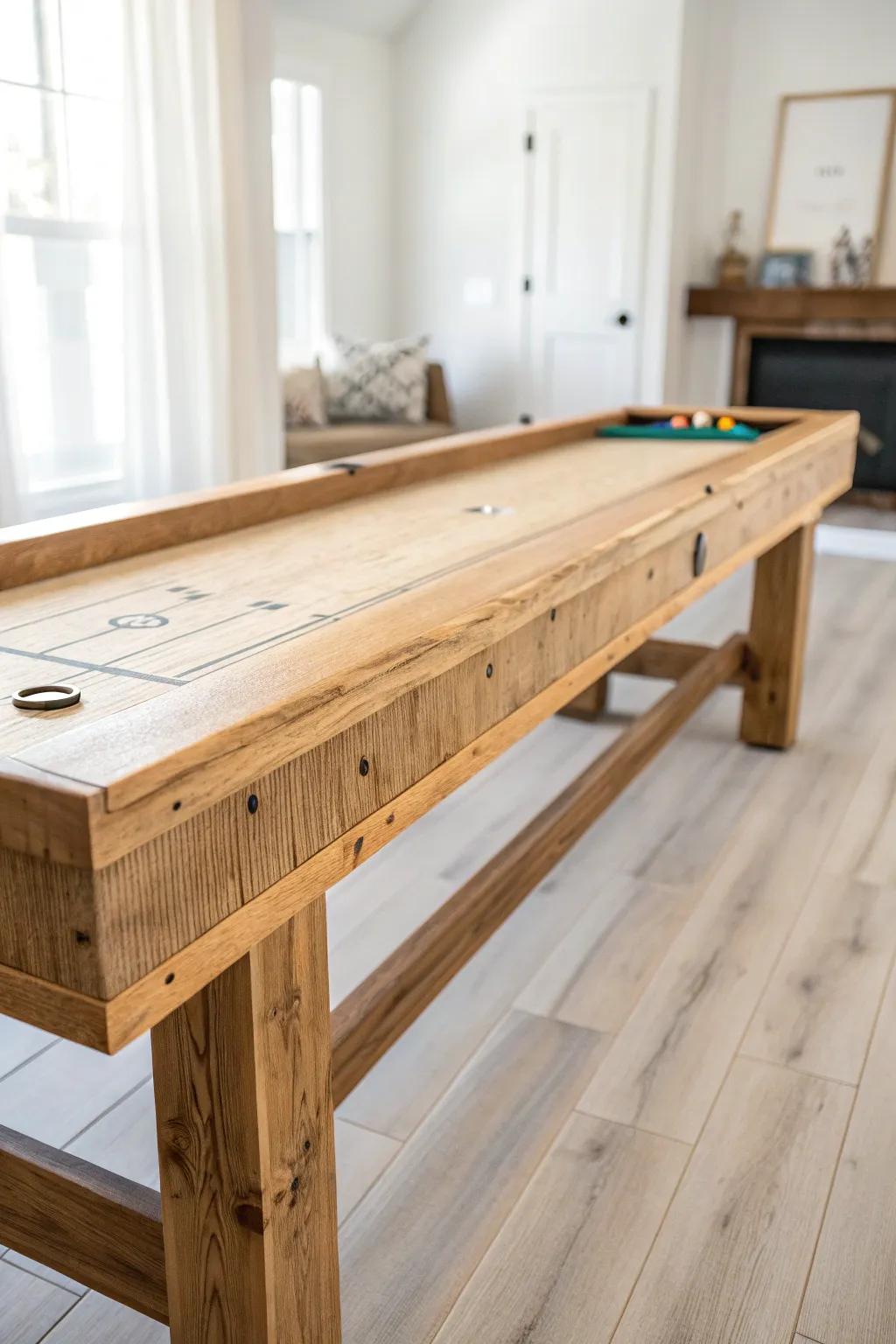 Rustic shuffleboard table: polished top meets rugged reclaimed base for cozy lodge vibes.