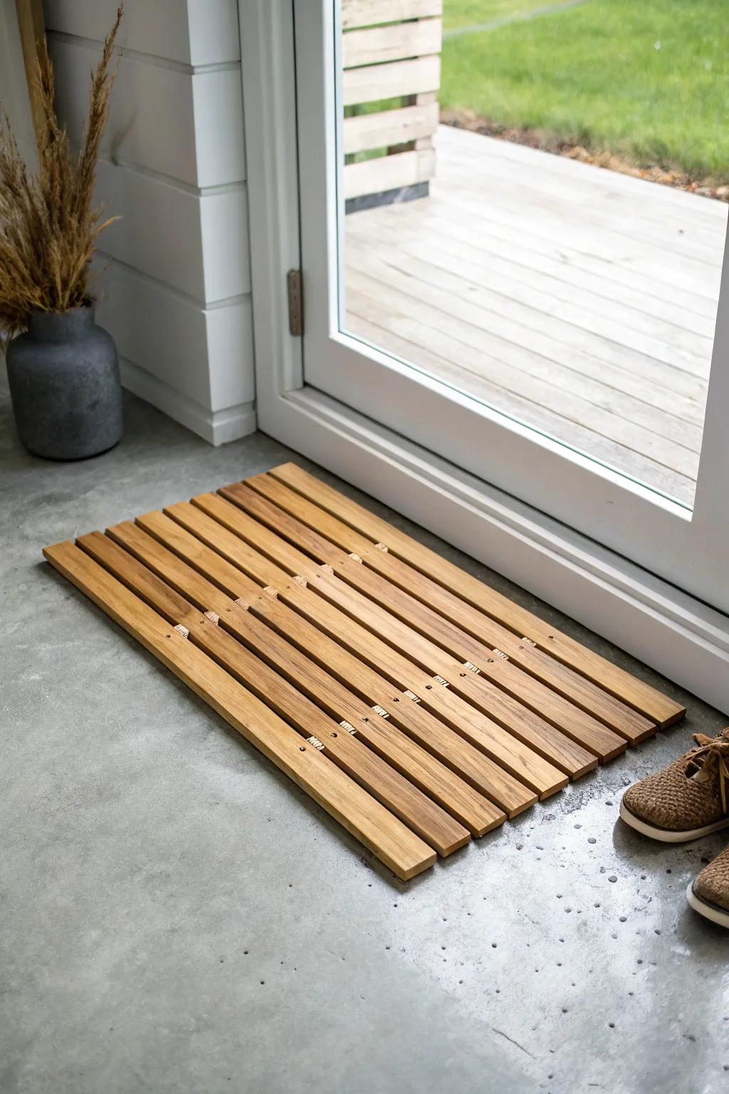 Warm wood slat mat on cool concrete—cozy underfoot and tough enough for spills.