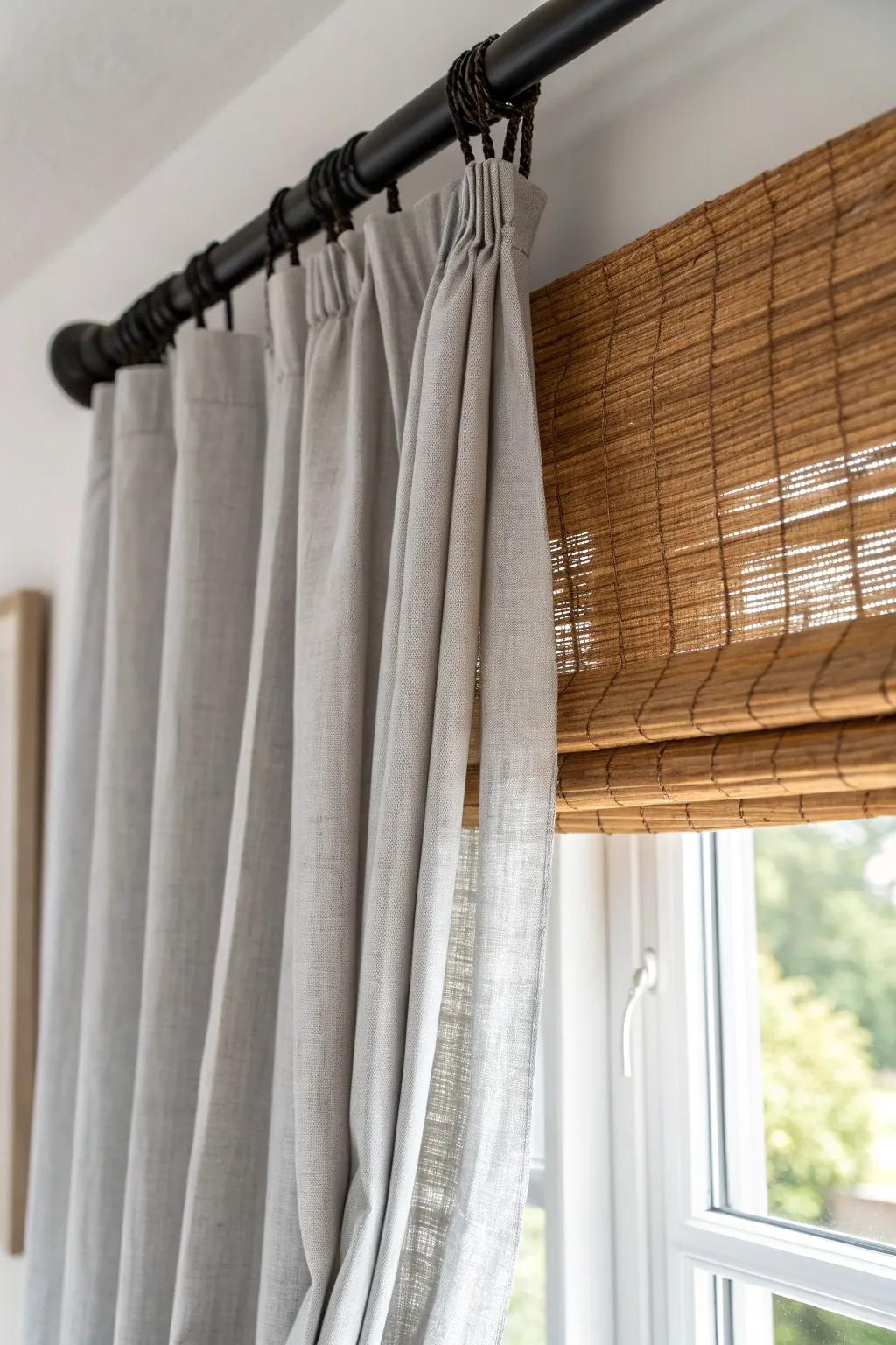 Grey linen curtains + woven brown shades: a quiet rustic upgrade that softens light beautifully.