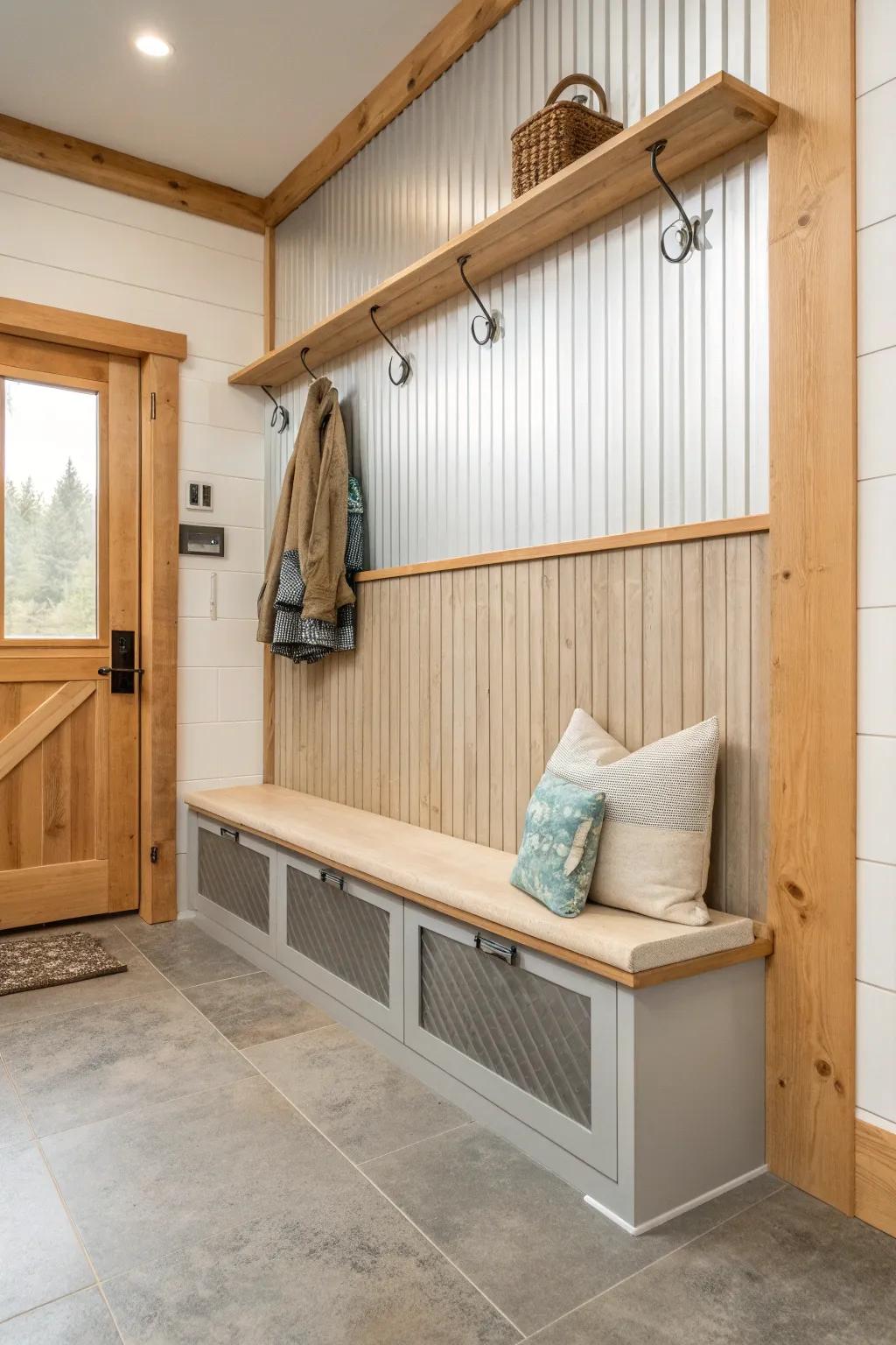 Tin kick-zone wainscoting + warm wood cladding make this mudroom bench wall easy to wipe clean.