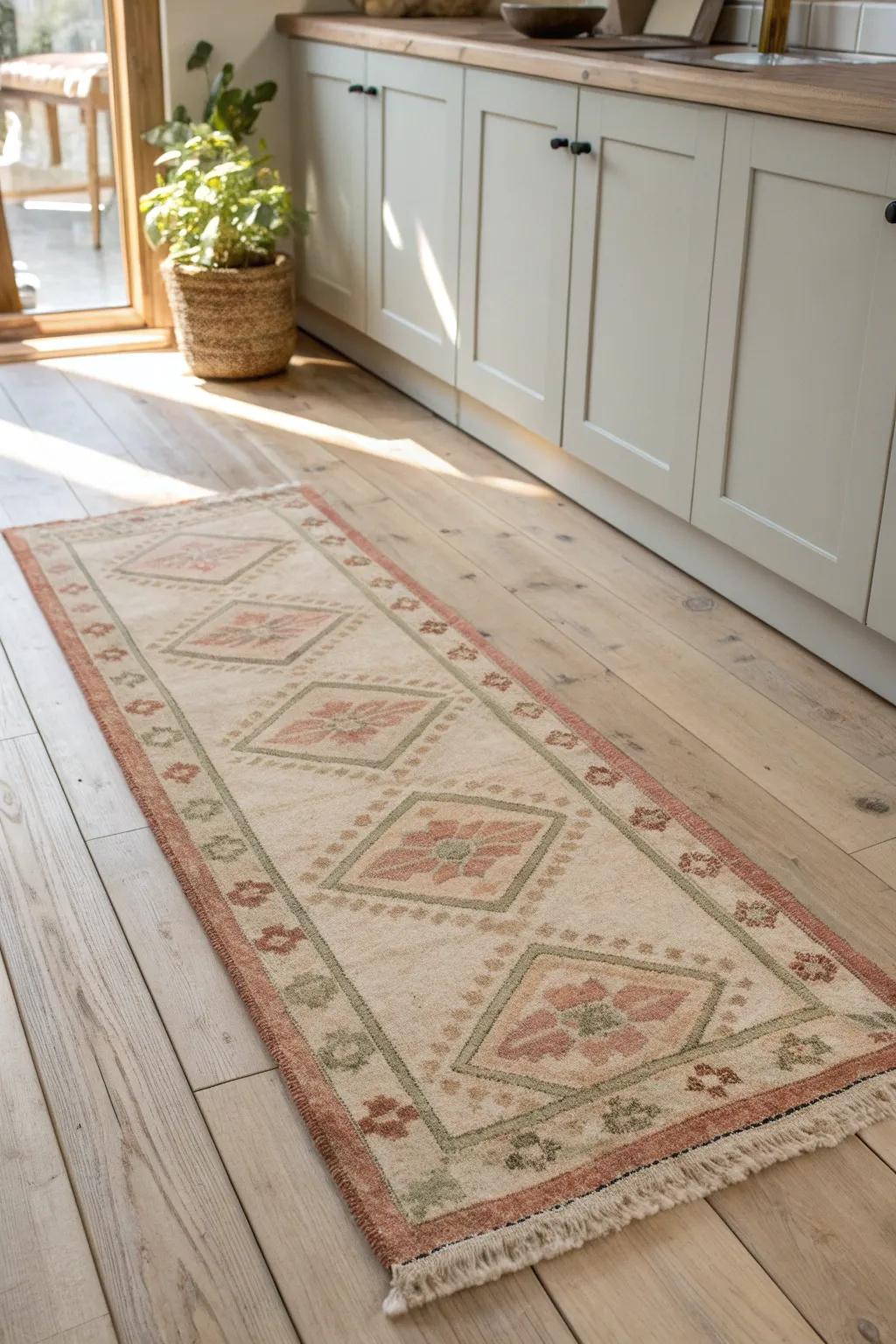 A washable vintage runner rug in muted earth tones instantly warms rustic wood kitchens.
