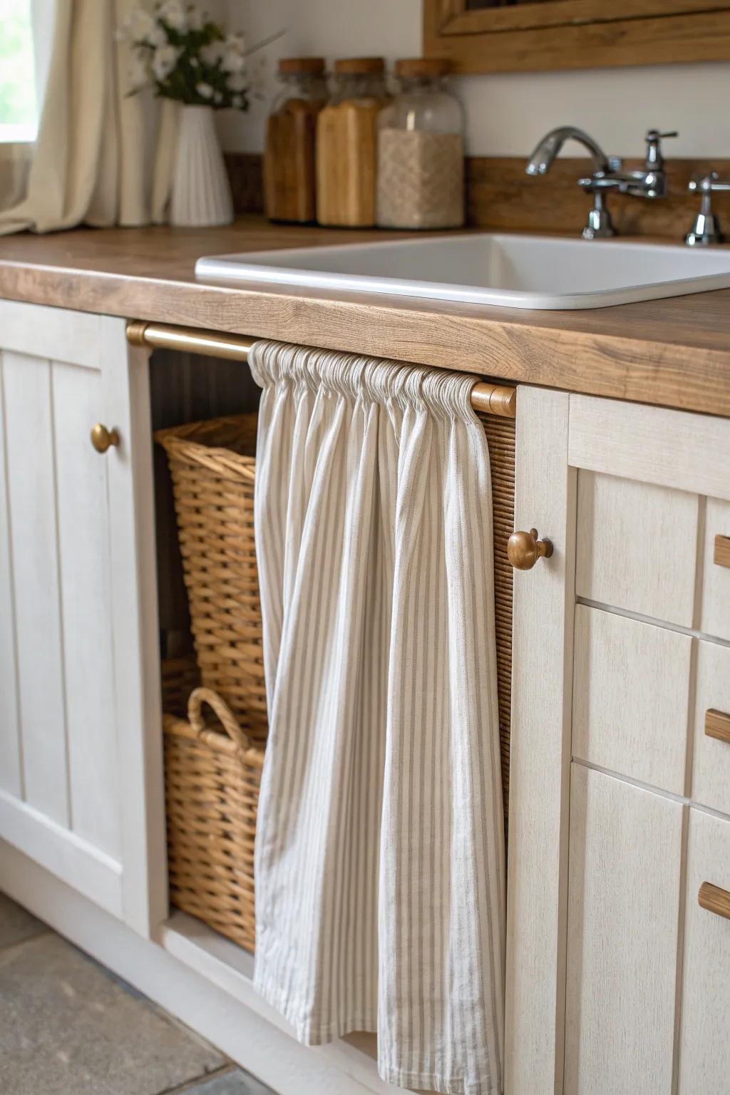 A simple linen sink skirt adds cozy cottage charm—rustic warmth without matching cabinets.