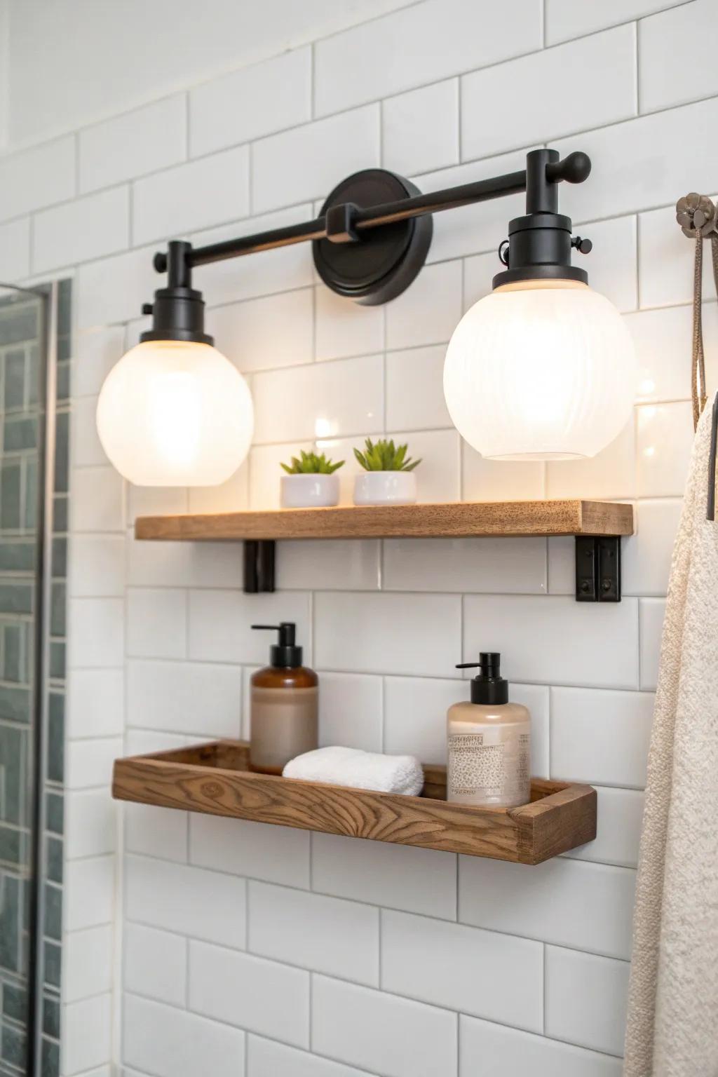 Rustic vanity light with a slim wood shelf—perfect for a candle or tiny plant.