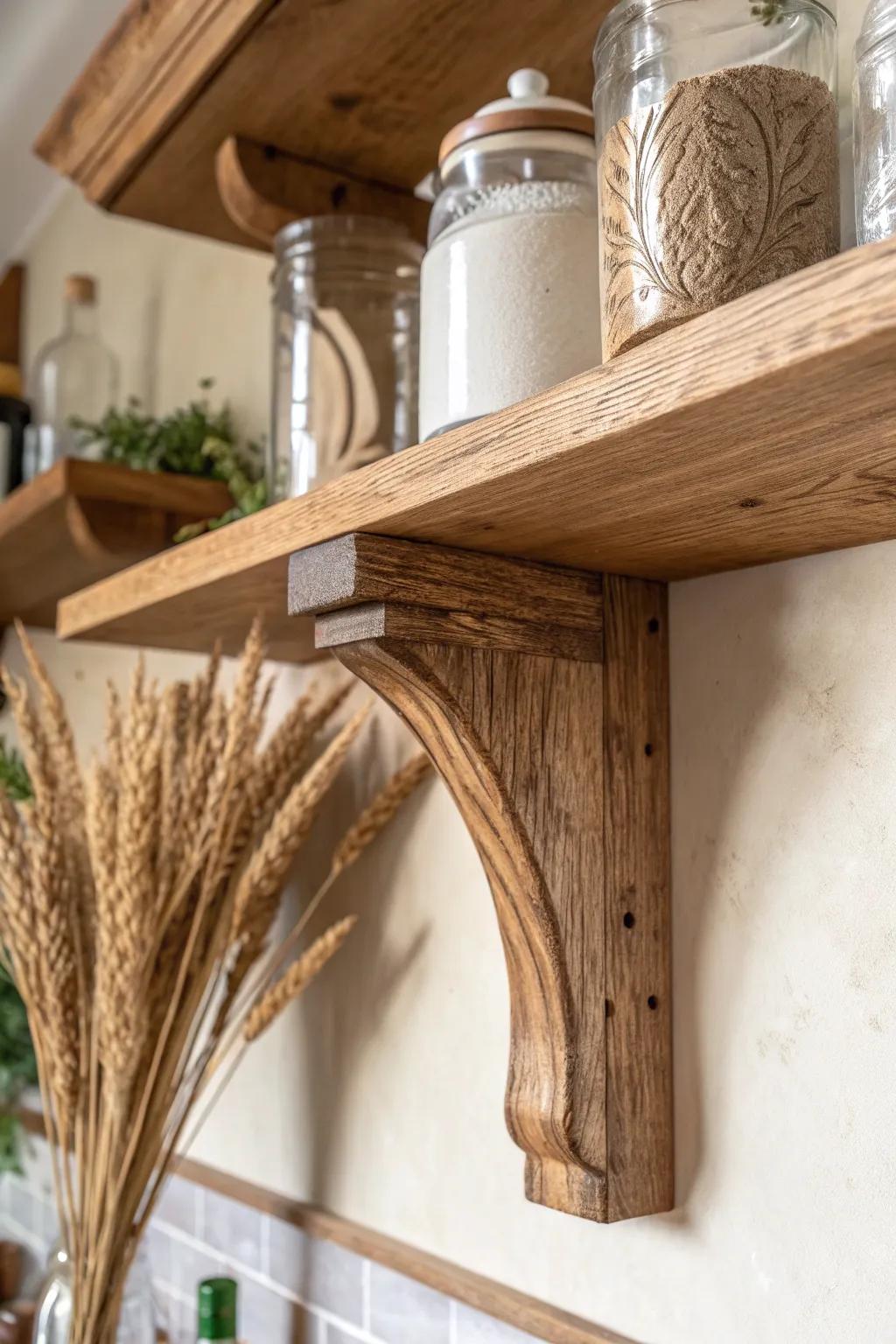 Handmade wood corbels add built-in charm—chunky trim, warm grain, and rustic character.