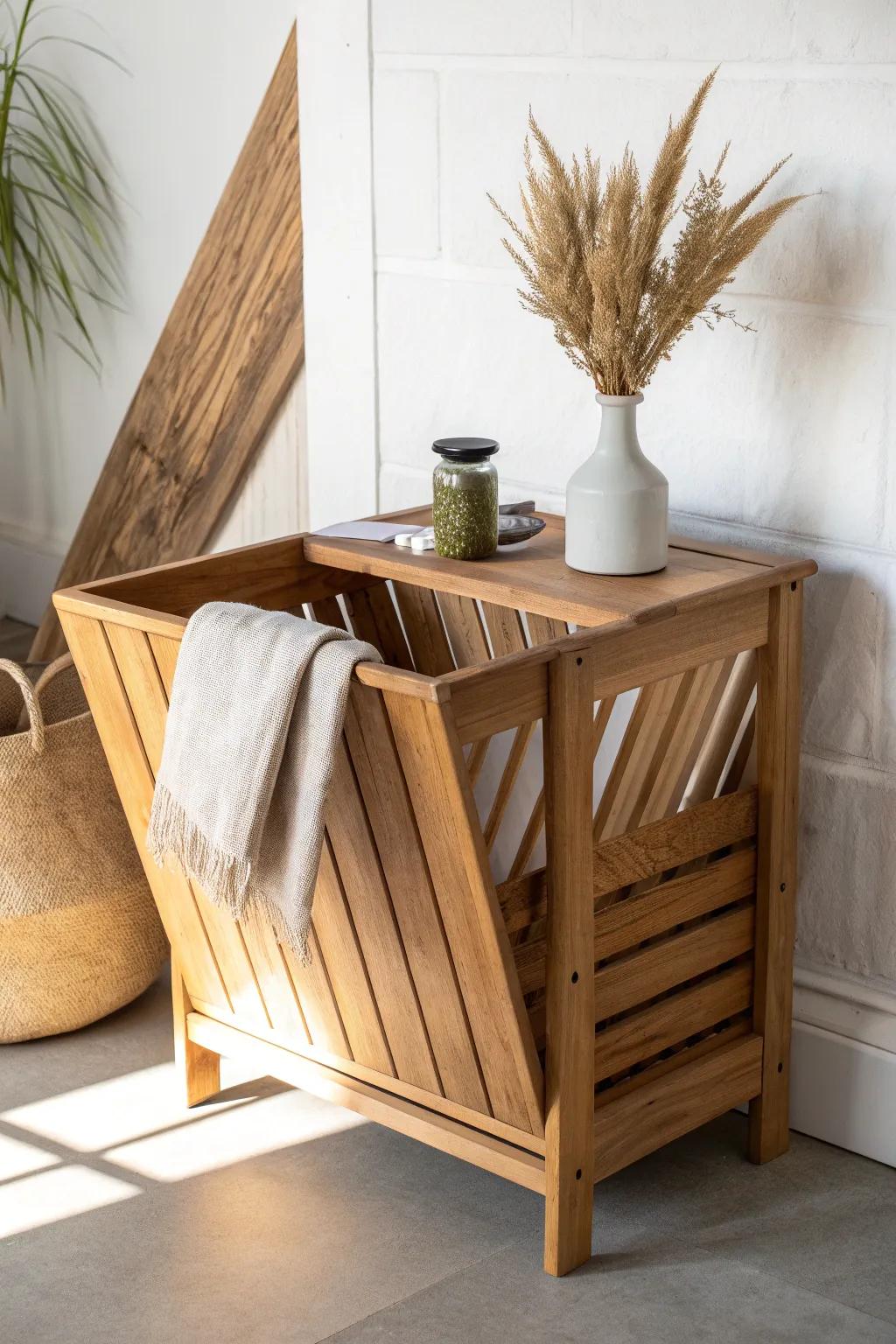 Slatted bin table with angled sides—rustic grab-and-go display with clean Scandinavian charm.